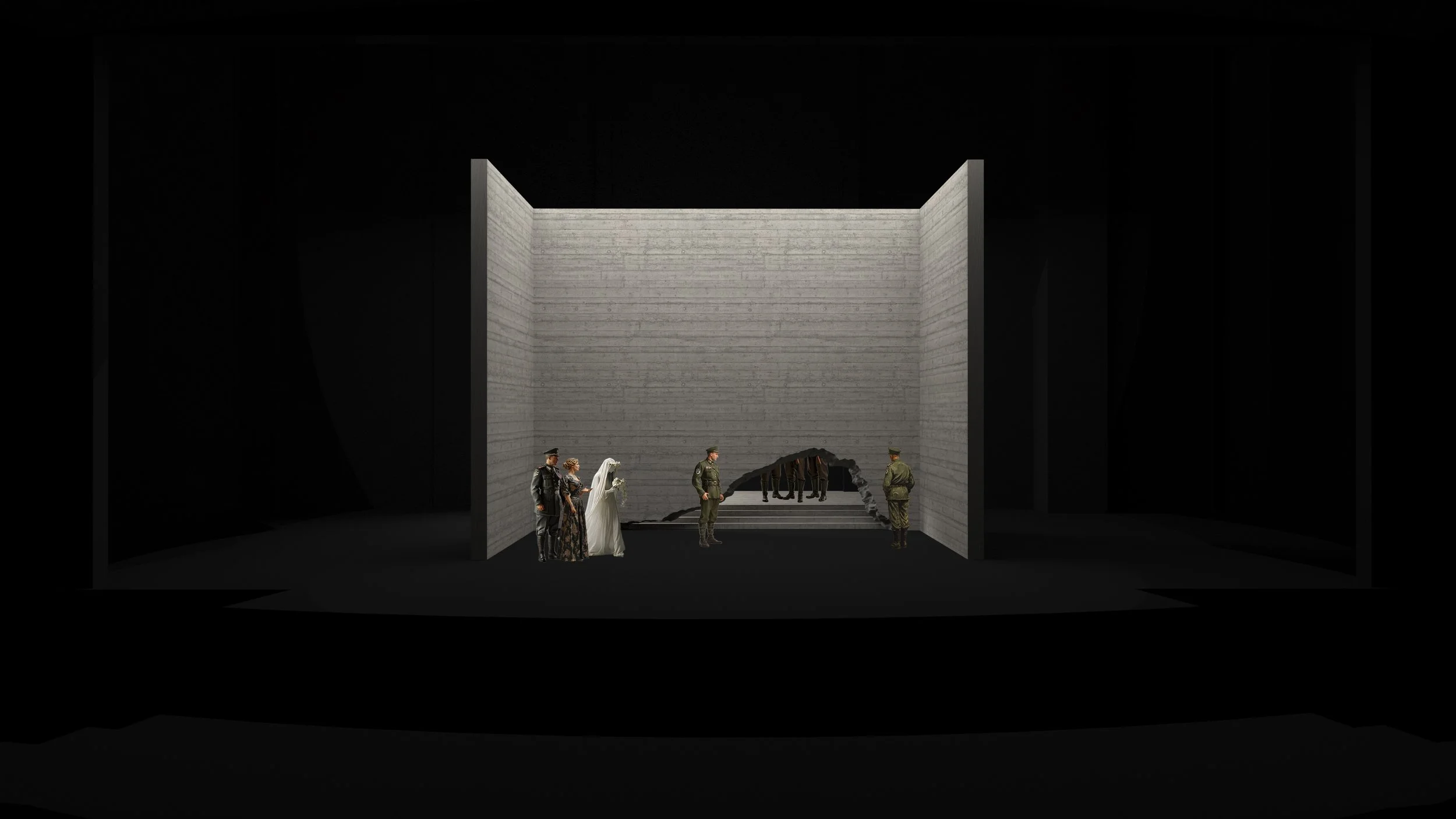 Theatrical stage set with actors, a wedding scene, military costumes, minimalist gray walls, and a damaged wall backdrop.