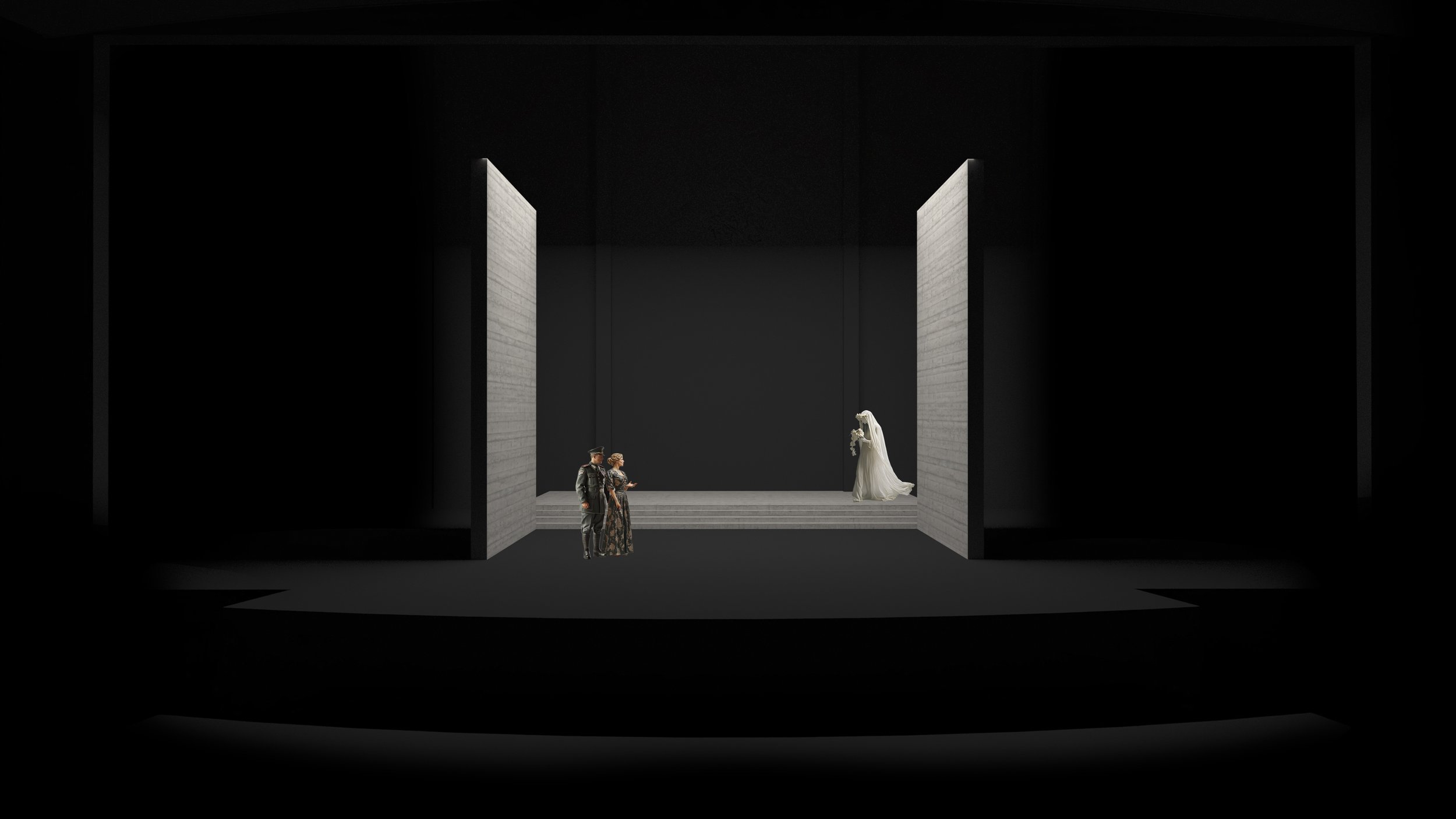 Minimalist stage set design with three actors, two on the left in formal attire and one on the right in a long white dress, surrounded by tall walls and a dark background.