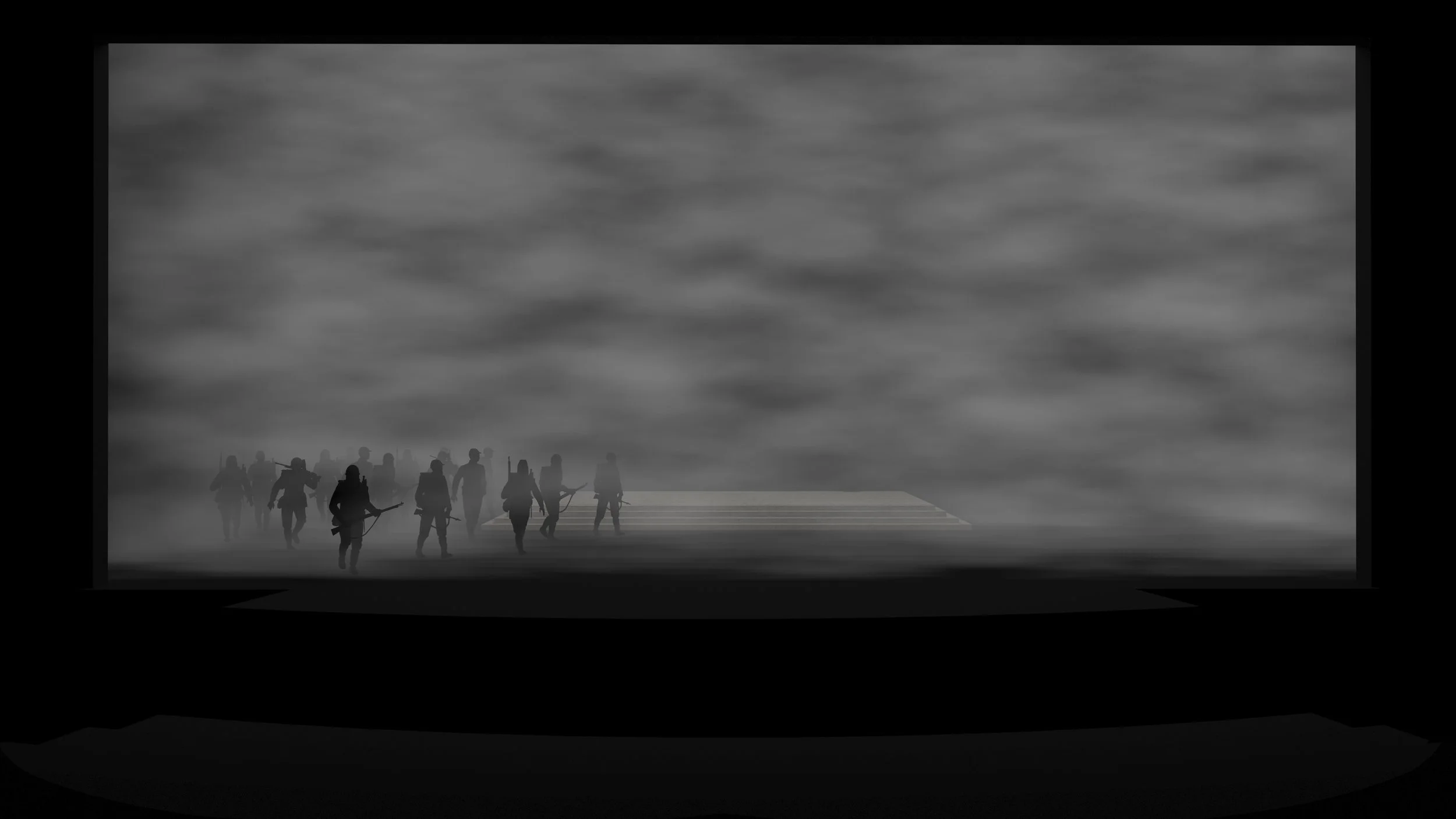 Silhouettes of people in fog on a dark stage