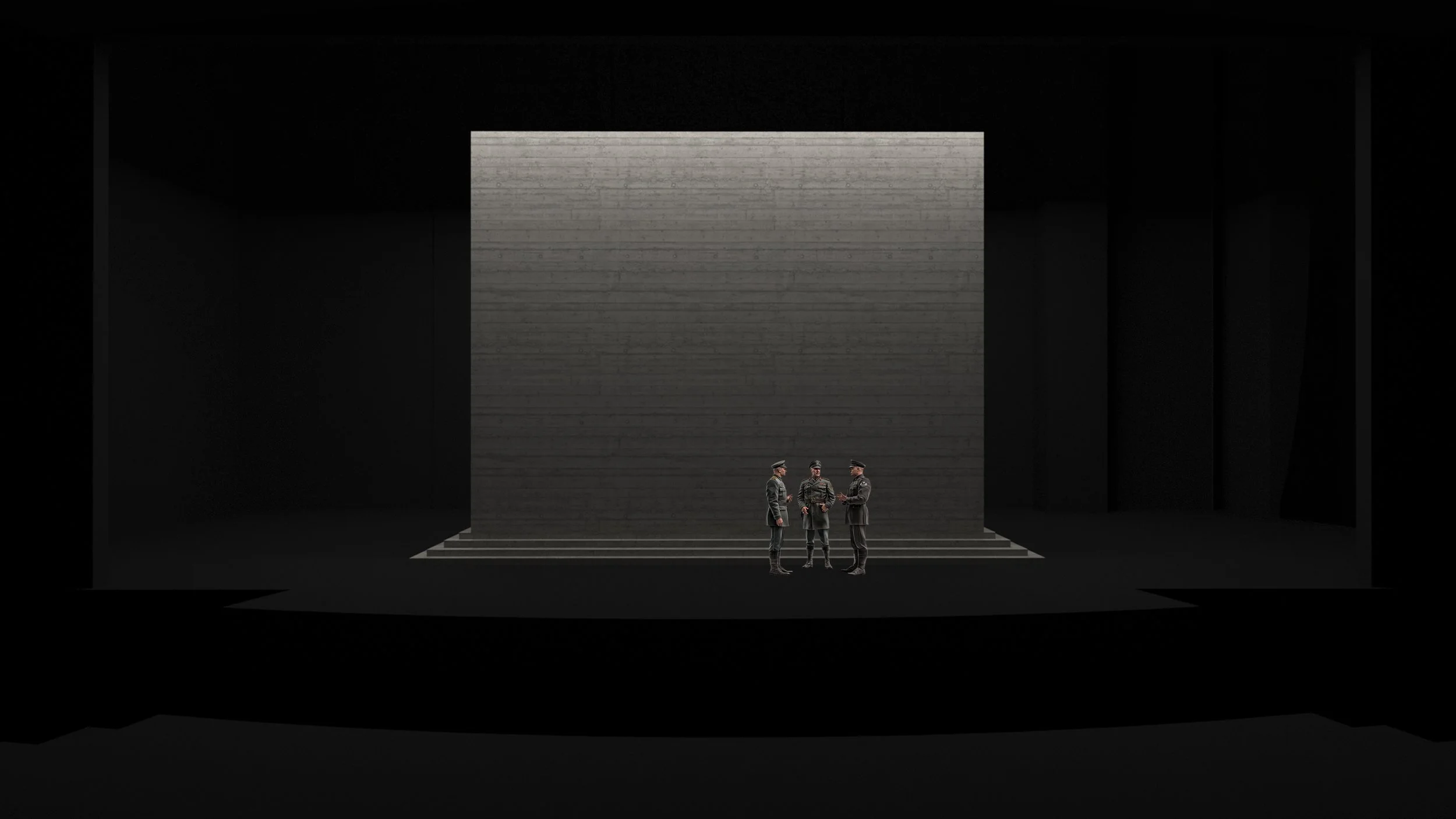 Three people in military uniforms stand on a stage with a large dark backdrop.