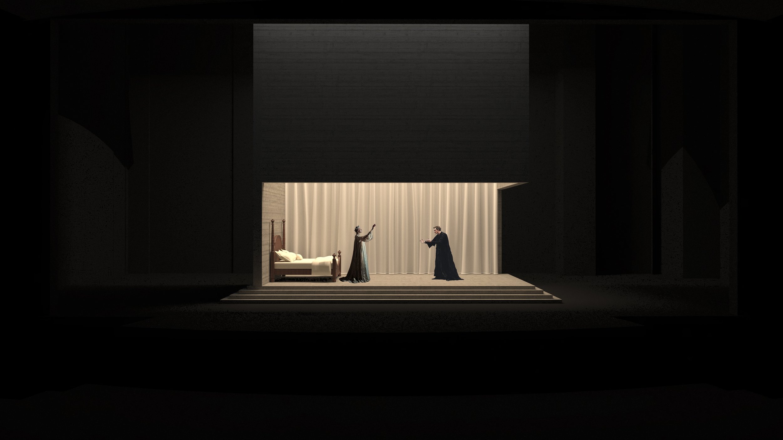 Theatrical stage with two actors in costume performing a dramatic scene, featuring a bed and curtains in the background.