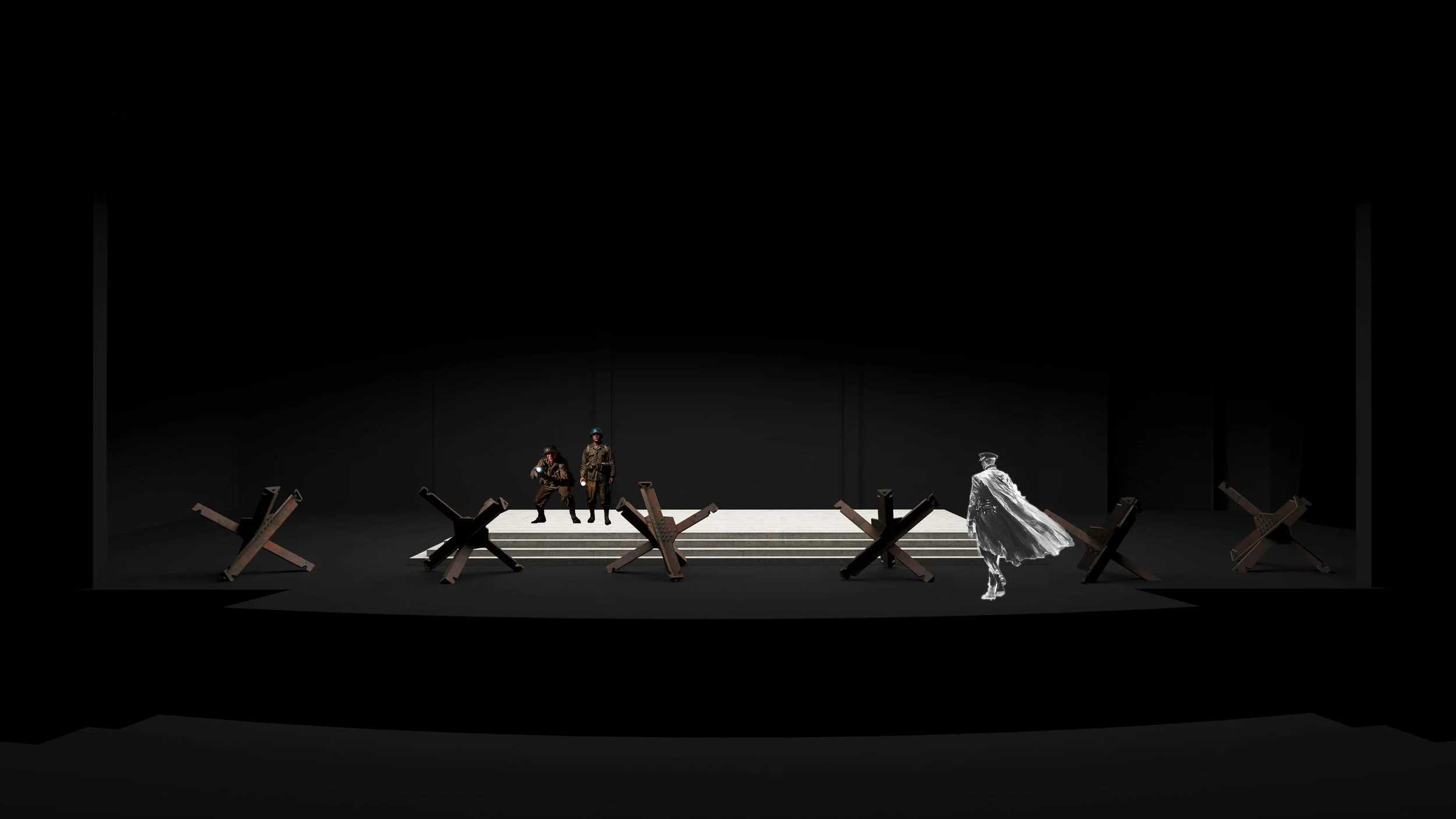 Minimalist stage set with two people in military attire and another in a cloak, surrounded by anti-tank obstacles.