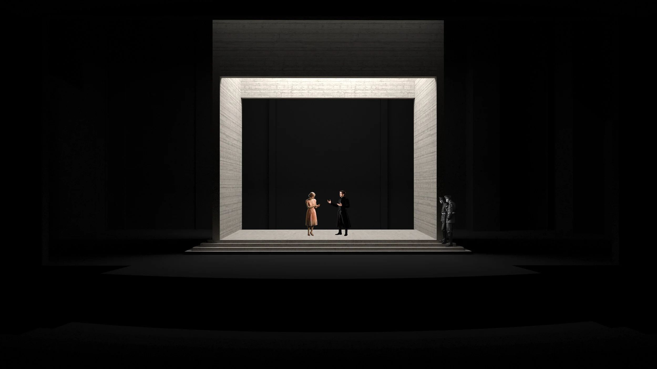 Minimalist stage set with two people in the center and one person on the right side in military uniform.