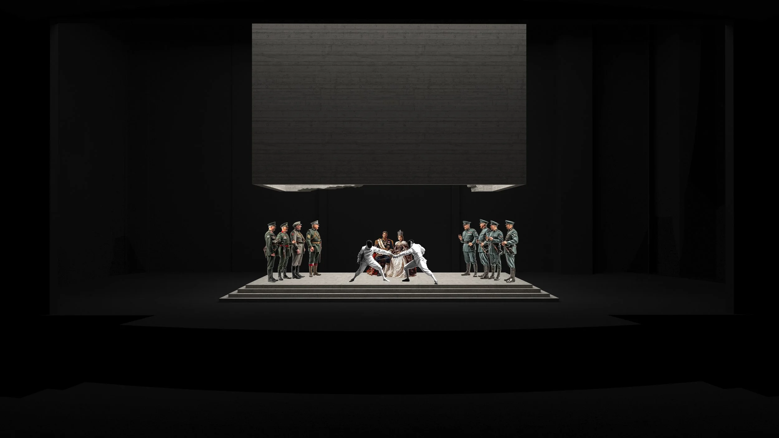 Theater stage scene with actors in uniform and dramatic lighting