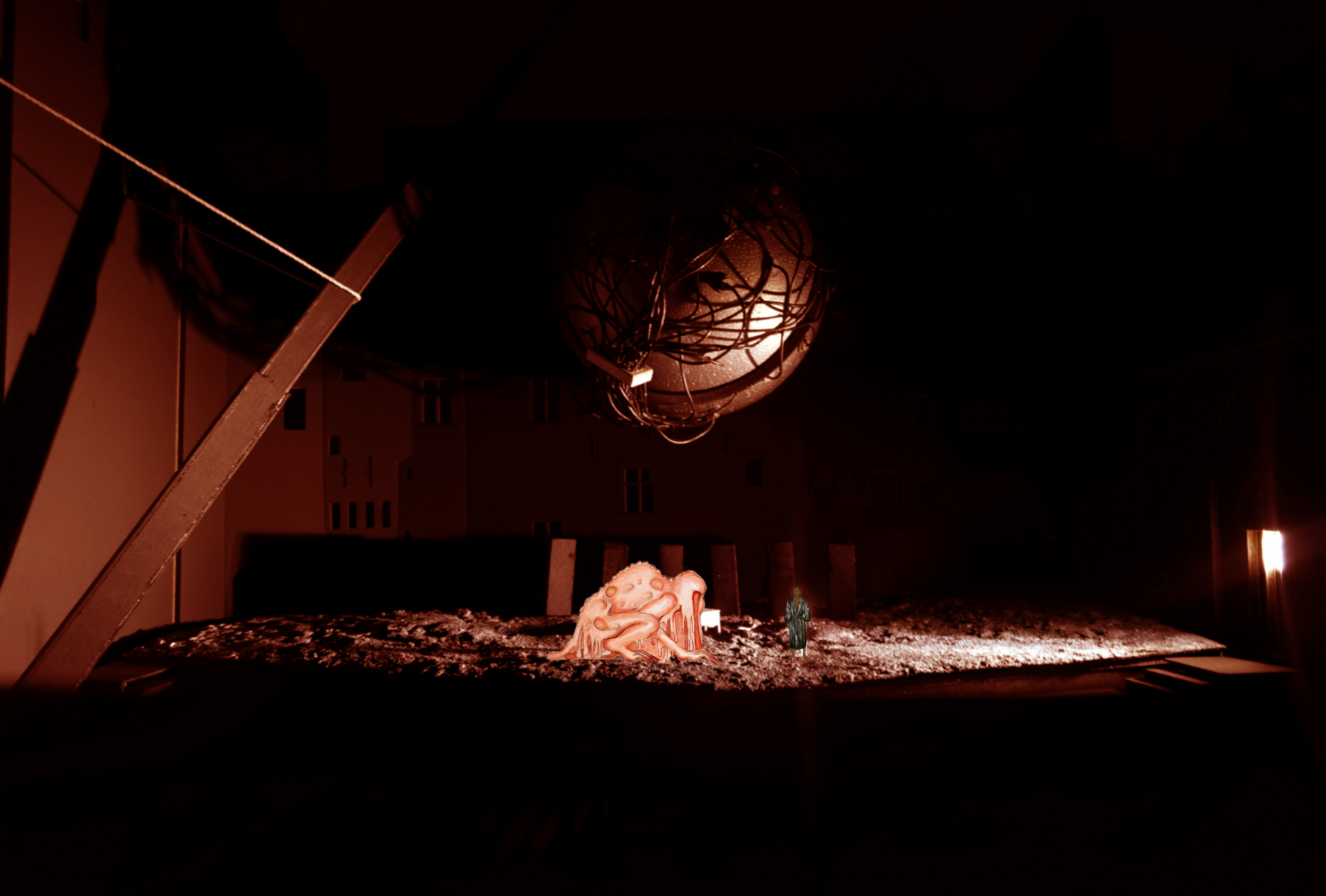 A dark, red-tinted scene featuring a surreal outdoor setting with a large, spherical structure made of wires suspended in the air. Below, a humanoid figure with a textured, organic appearance is crouching on the ground beside a smaller, standing figu