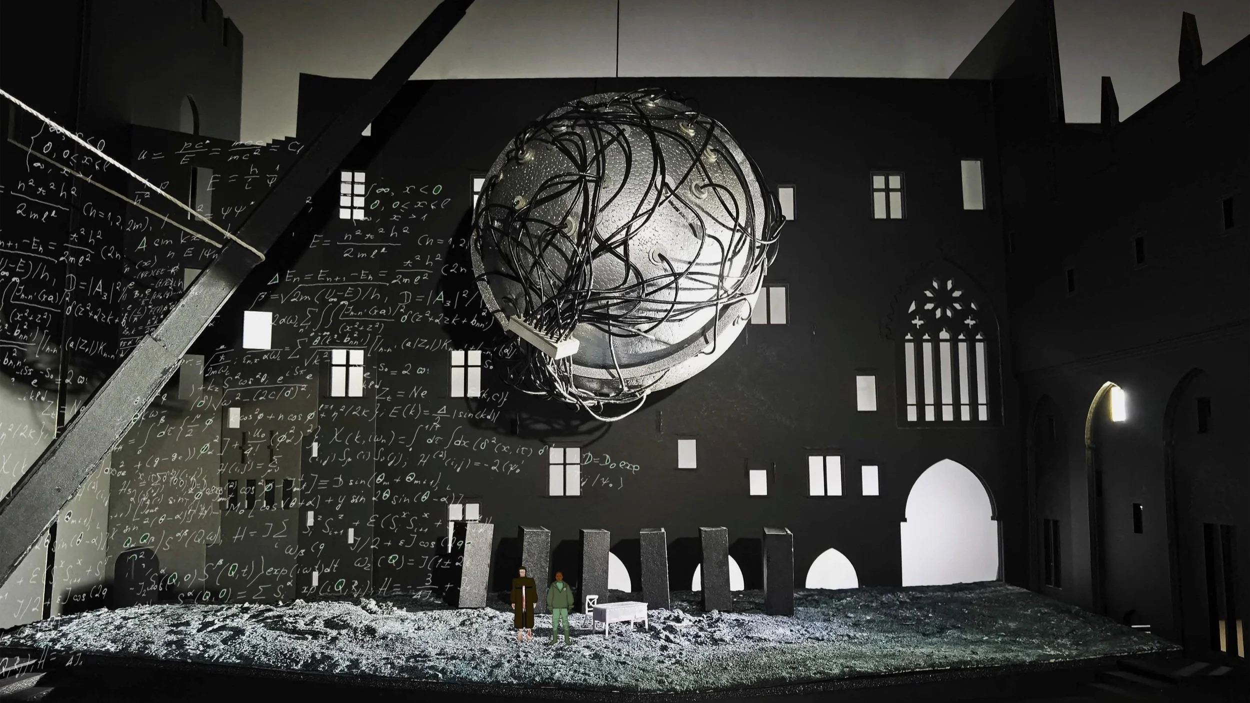 Dark room with a large spherical object covered in wires, surrounded by mathematical equations on the wall. Two small figures and a table on a textured surface, with a backdrop resembling windows and arches.