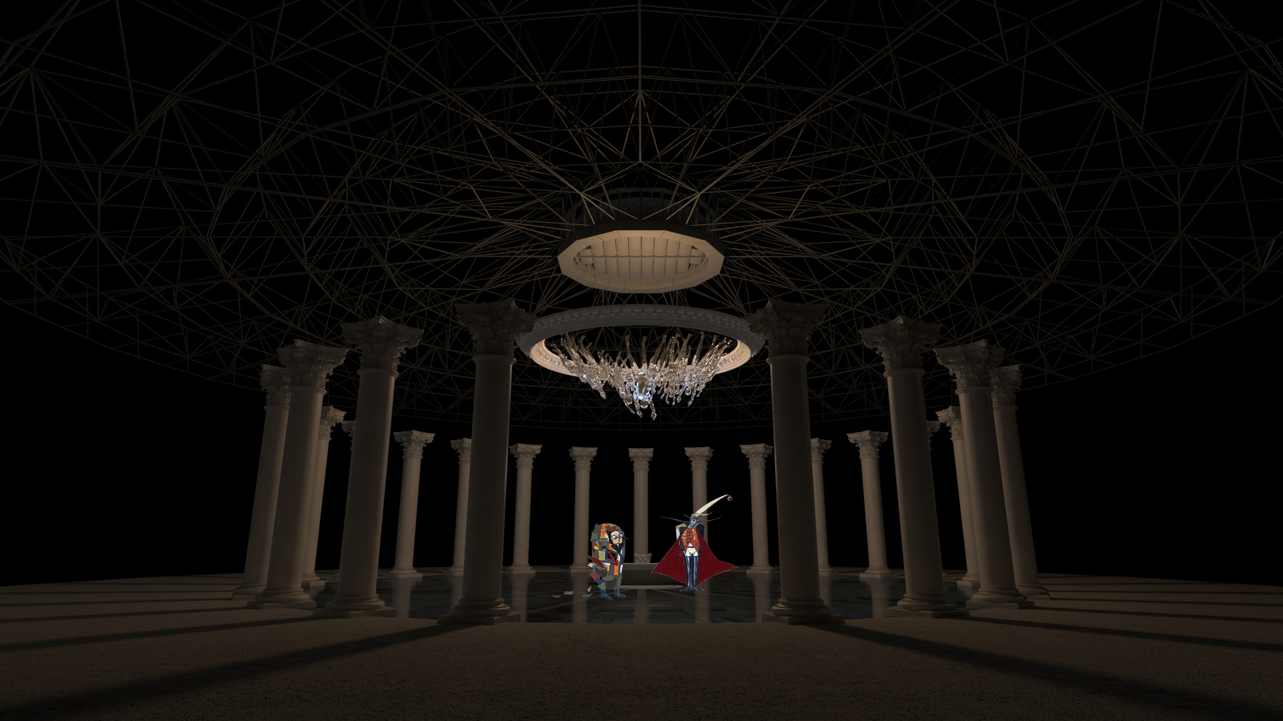 A large, ornate chandelier hanging from a domed roof inside a circular structure surrounded by tall columns. The setting is dimly lit, with two figures standing in the center.