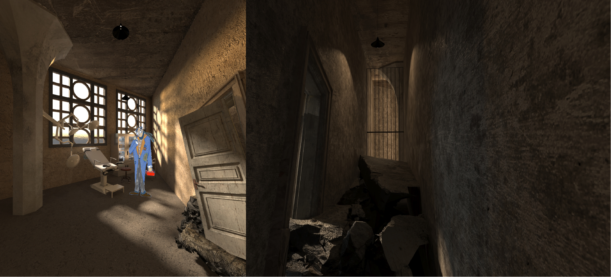 A dimly lit room with a dental chair, dental light, and a cartoon character holding a briefcase. The room has large windows with circular patterns and a tilted door leaning against the wall. A hallway with gravel leads to a barred gate.