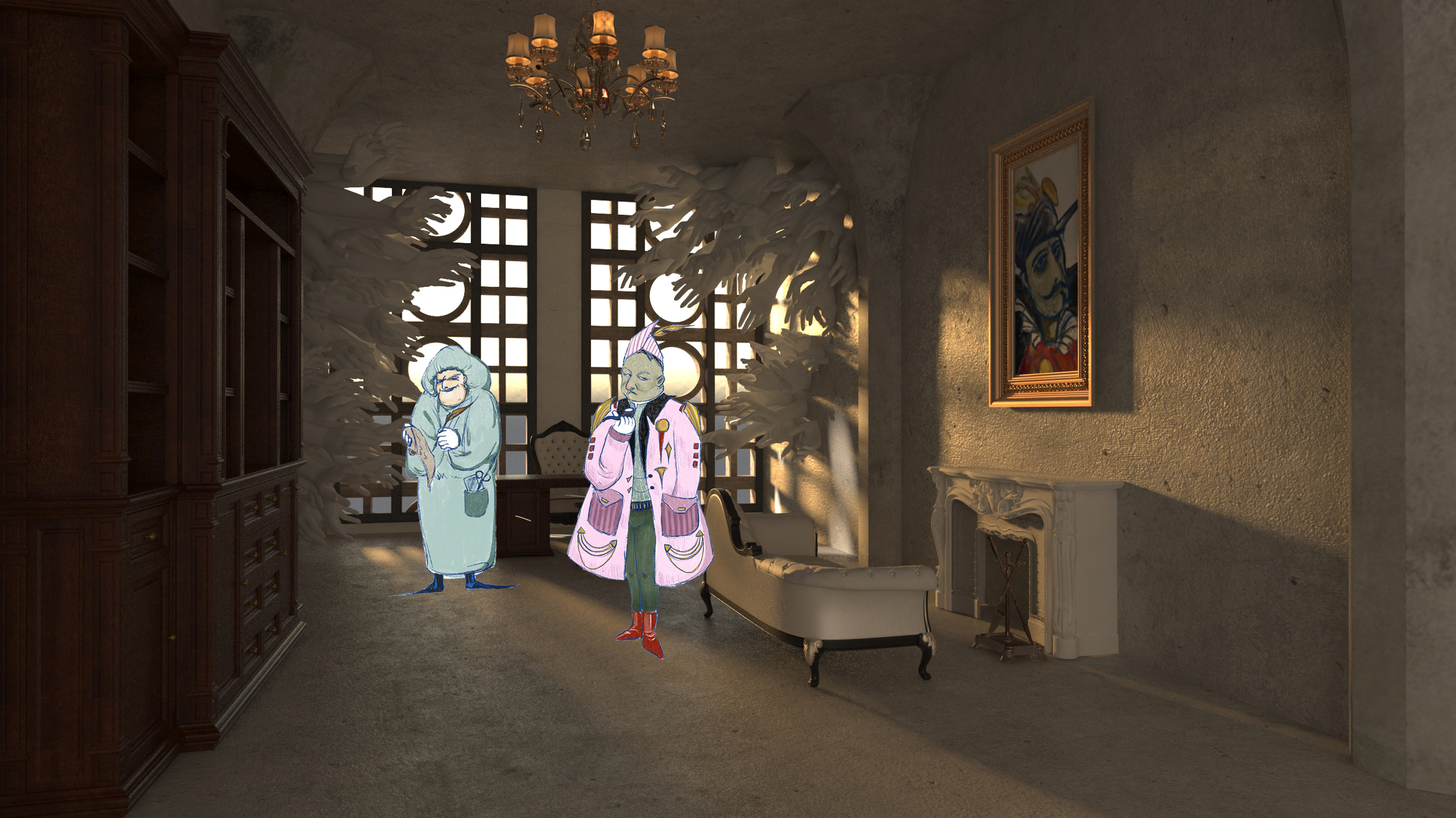 A room with two animated characters, one wearing a pink and white outfit with a pointed hat, and the other in a blue robe and blue shoes. The room features ornate decor, a chandelier, a large window, a chaise lounge, an empty fireplace, and a portrai