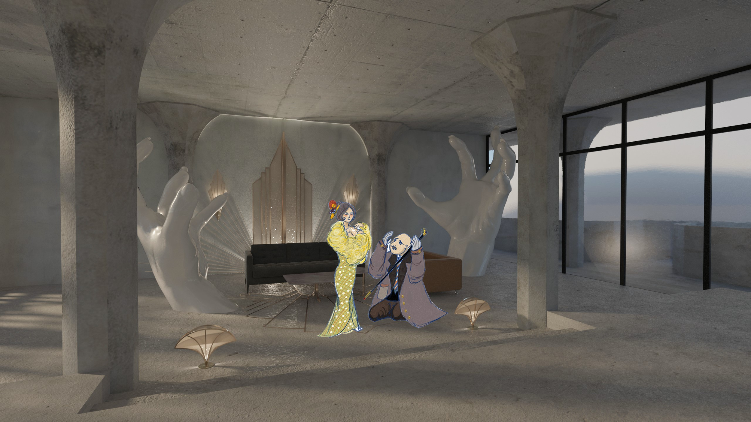 Modern interior with artistic sculptures and animated characters. The room features large windows, concrete pillars, and unique hand sculptures. Two cartoon figures, a woman in a yellow dress and a man in a coat, are central to the scene.