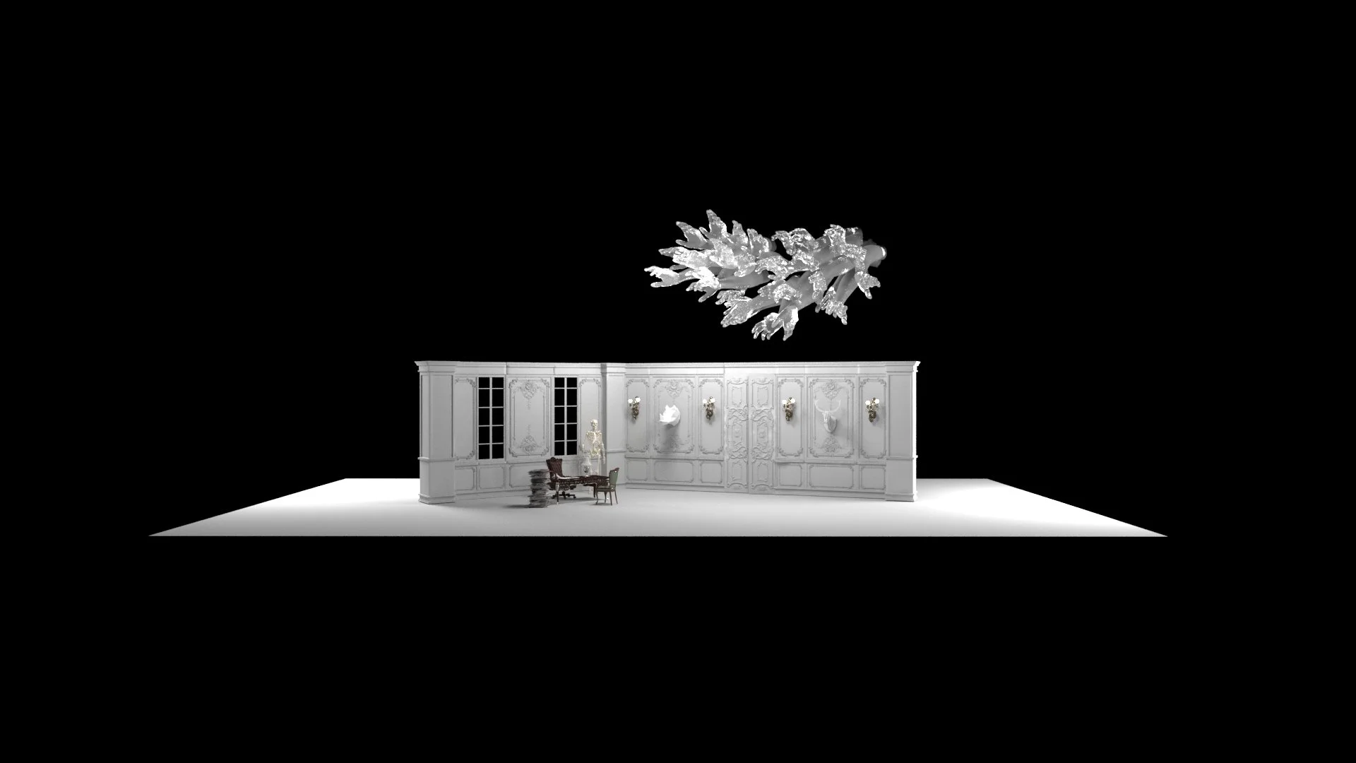 Elegant white room with ornate paneling and furniture