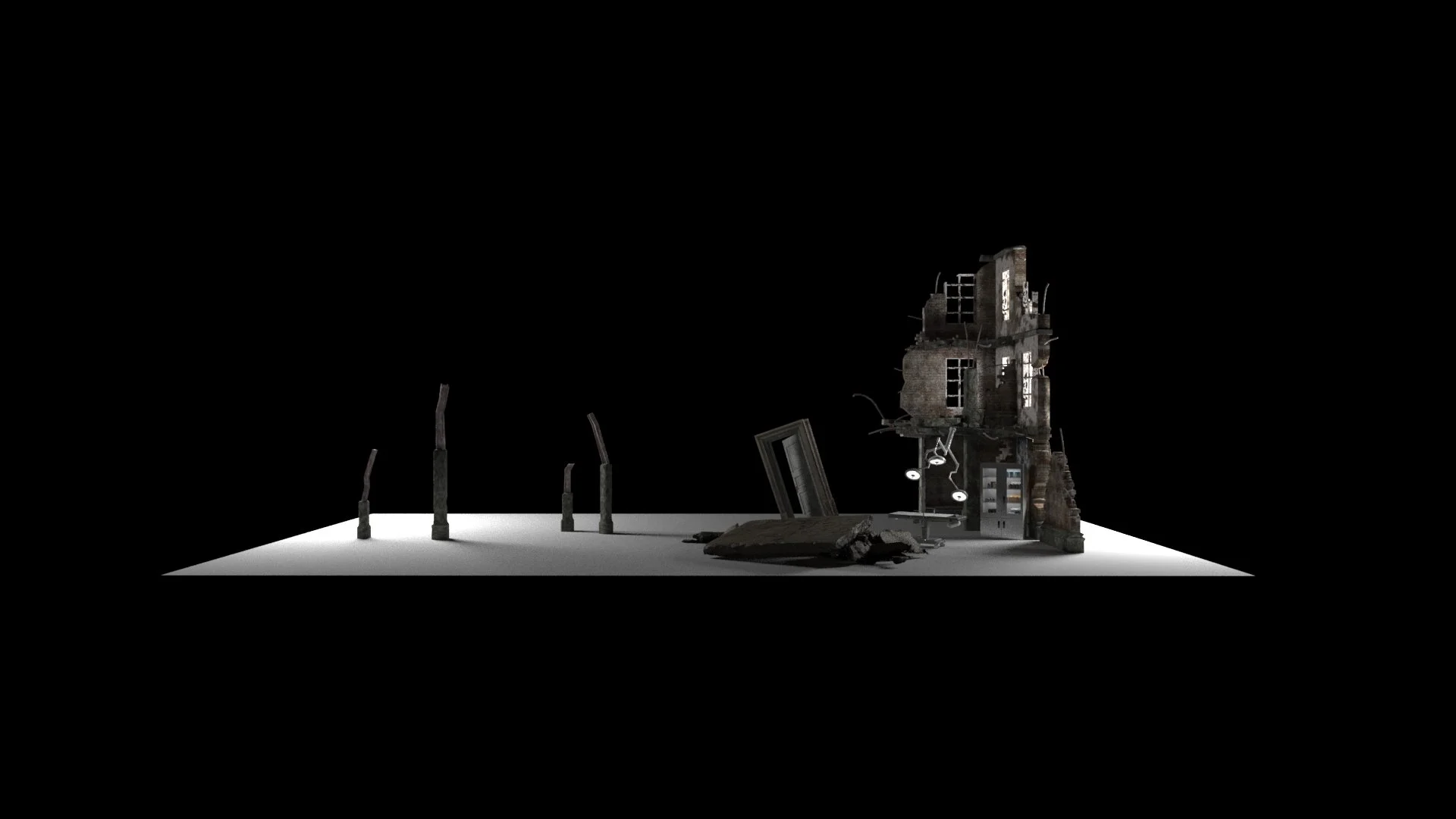 Digital artwork of a decaying building in a dark, minimalist setting, featuring scattered rubble and isolated beams.