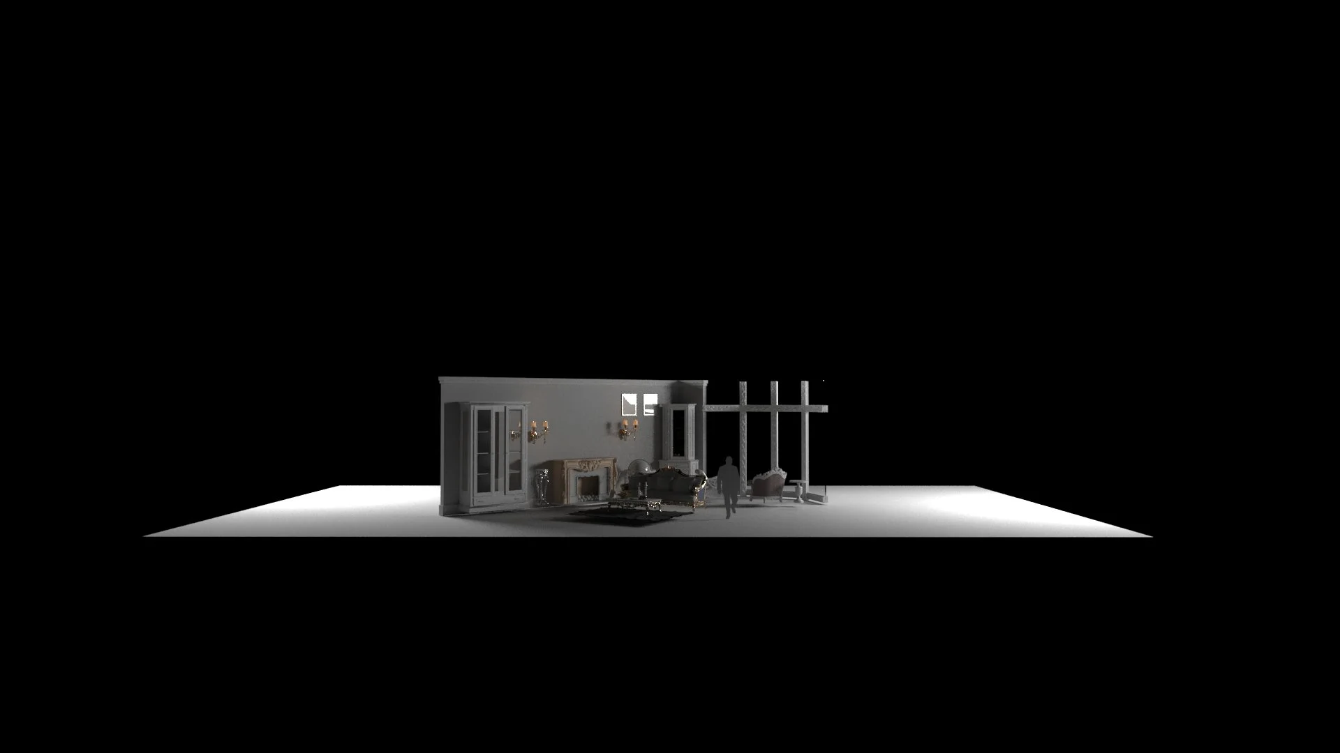 Minimalist room design with gray walls, a fireplace, and modern furniture.
