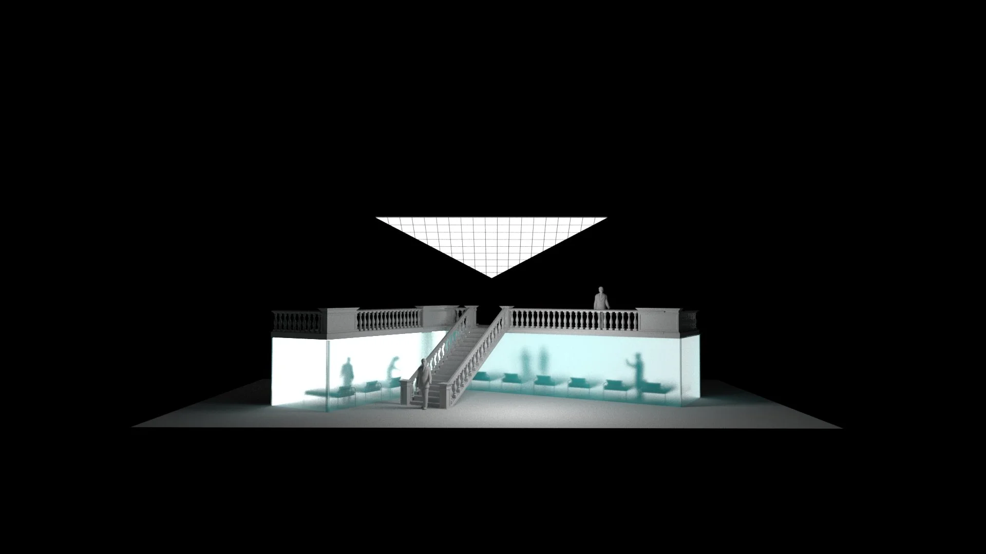 Abstract architectural model with a staircase, railings, translucent walls showing shadowy figures, and a geometrical ceiling pattern.
