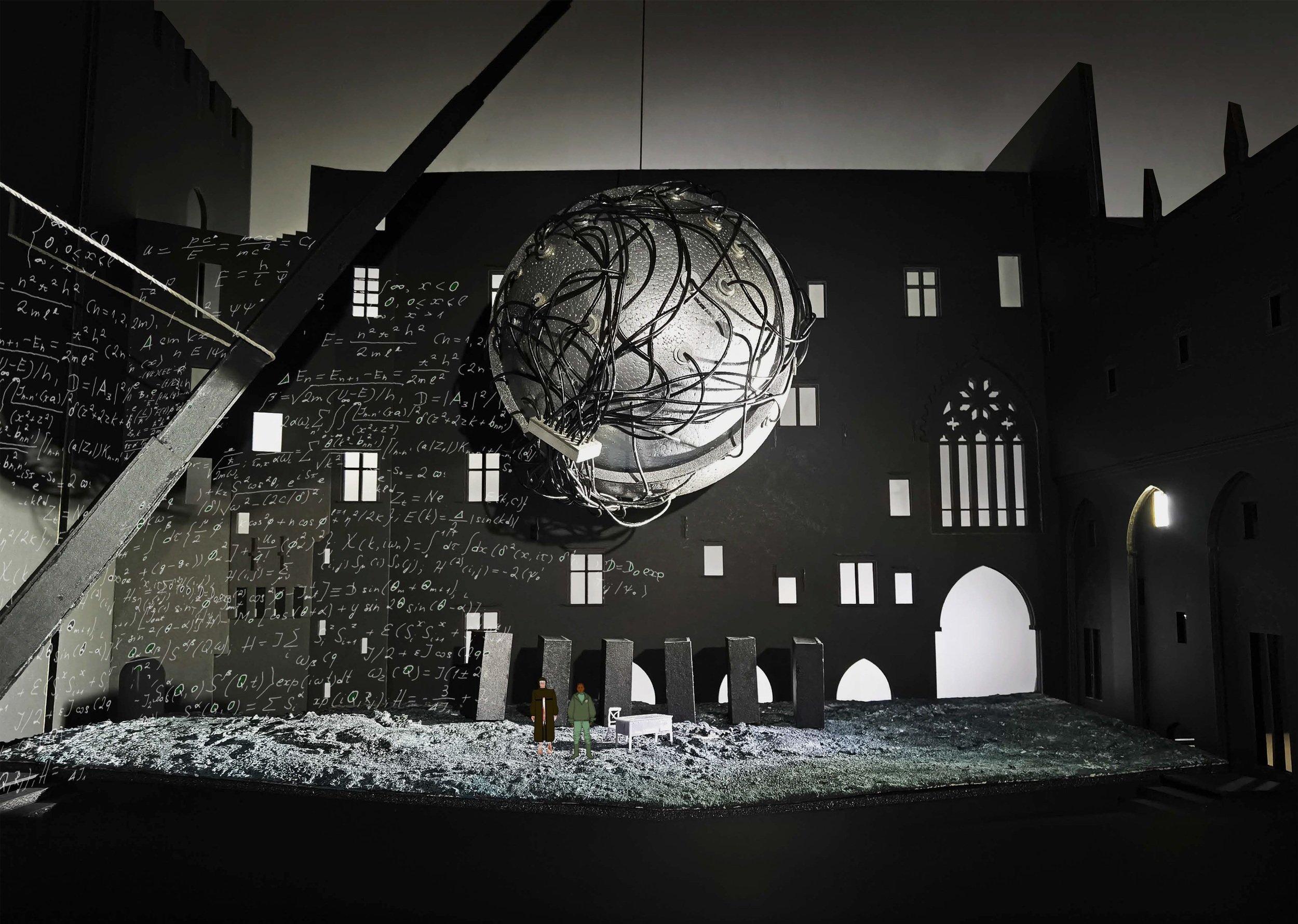 Black and white scene with a large spherical sculpture hanging amidst mathematical equations on the walls, abstract architecture, and small human figures.