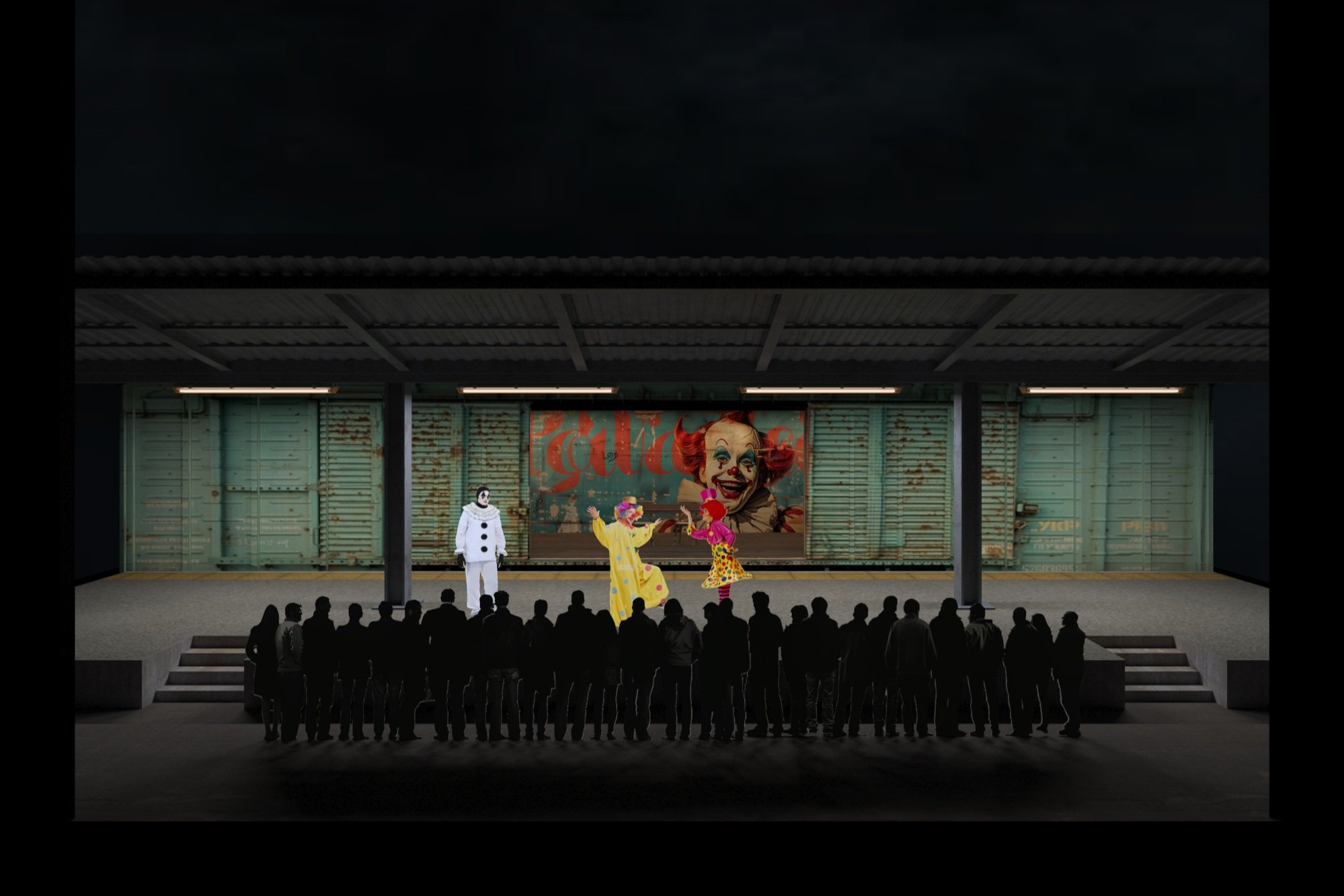 Outdoor stage with clowns performing to a crowd at night, with a rusted metal backdrop featuring a painted clown face and the word 'Courage.'