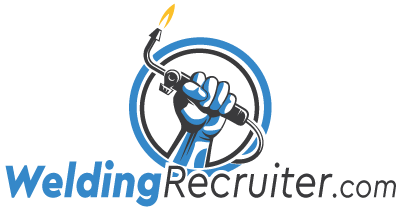 A graphic of a hand holding a welding torch, with the text 'WeldingRecruiter.com' below, featuring a circular logo design.