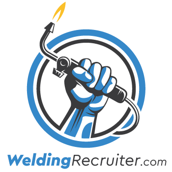 Graphic of a hand holding a welding torch inside a circular emblem, with the text "WeldingRecruiter.com" below.
