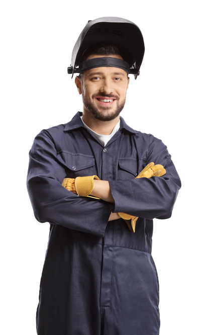 A man at work who has just got done talking with a co worker about how he found a new job. He was a passively looking welder that worked with a well know welding staffing agency
