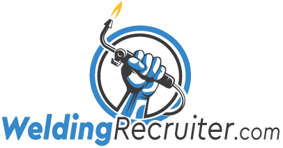 A logo featuring a blue and white hand holding a welding torch, with the text "WeldingRecruiter.com".