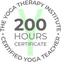 Circular badge indicating 200 hours certification from The Yoga Therapy Institute, Certified Yoga Teacher