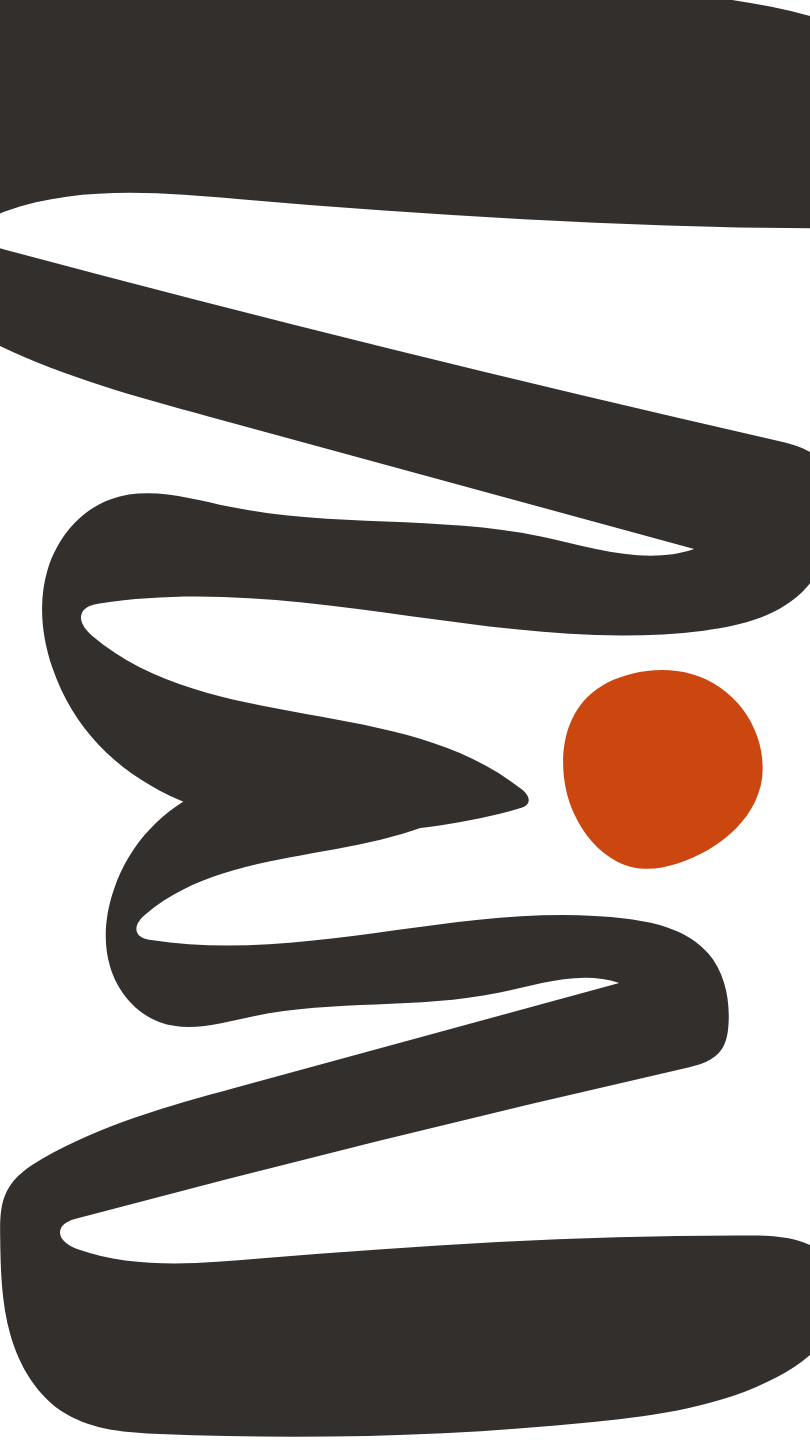 Abstract black spiral design with a single red circle on a white background.
