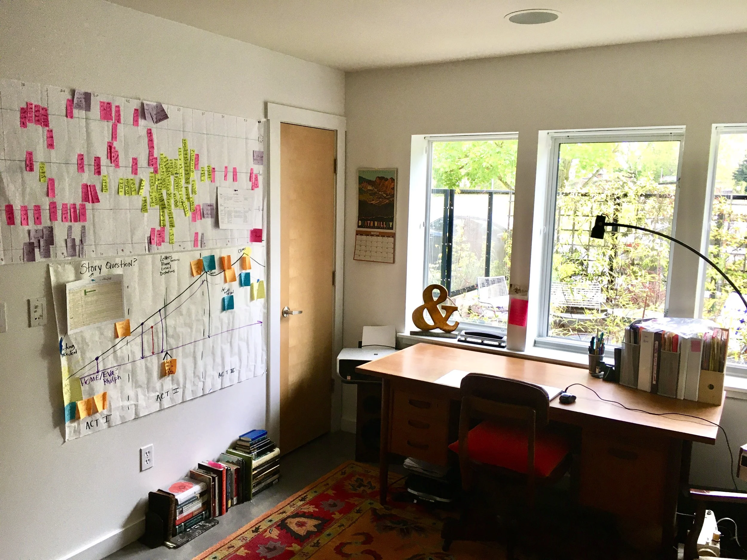 Wall covered with sticky notes outlining a novel