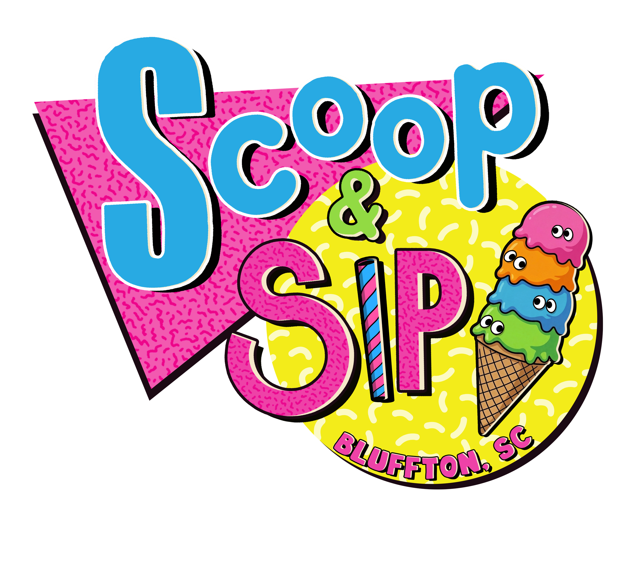 logo for Scoop & Sip ice cream shop in Bluffton, SC with illustrations of a stacked ice cream cone and bold, playful text.