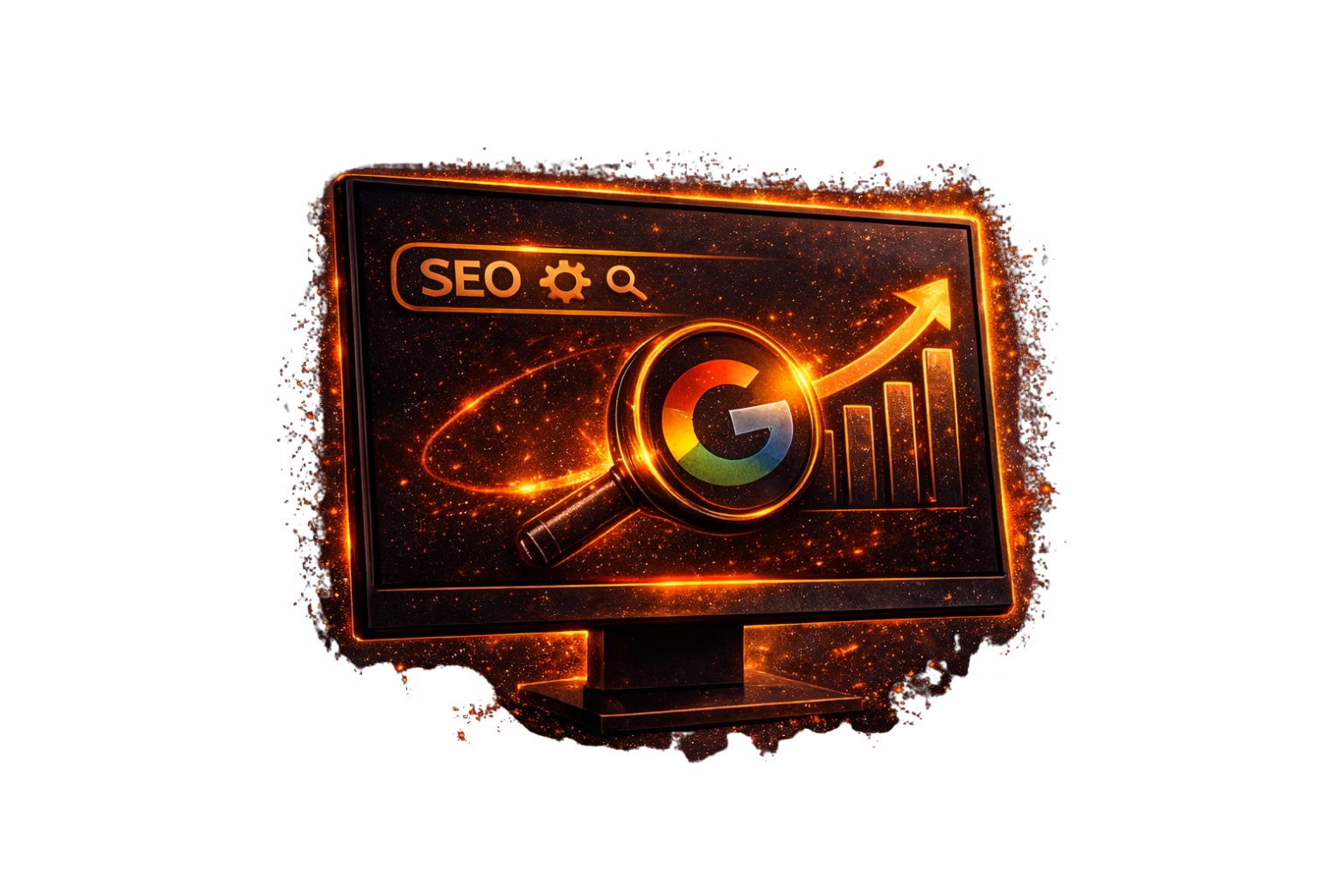A computer monitor displaying a digital graphic about SEO, featuring a magnifying glass with the Google logo, rising bar chart, and upward arrow, all surrounded by glowing orange particles.