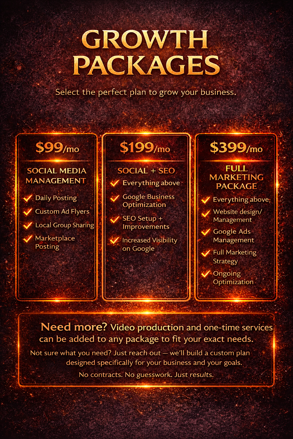 A promotional graphic displaying three business growth packages priced at $99, $199, and $399 per month, offering social media management, SEO, website design, and marketing strategies, with a dark fiery background.