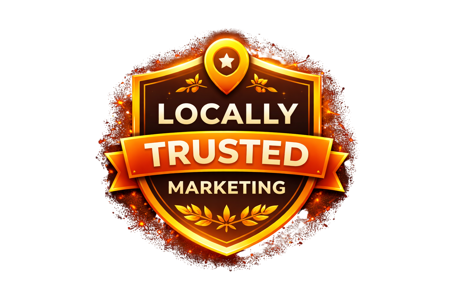 A badge with the text "Locally Trusted" and "Marketing" on it, decorated with gold leaves and a glowing border, indicating trusted local marketing.