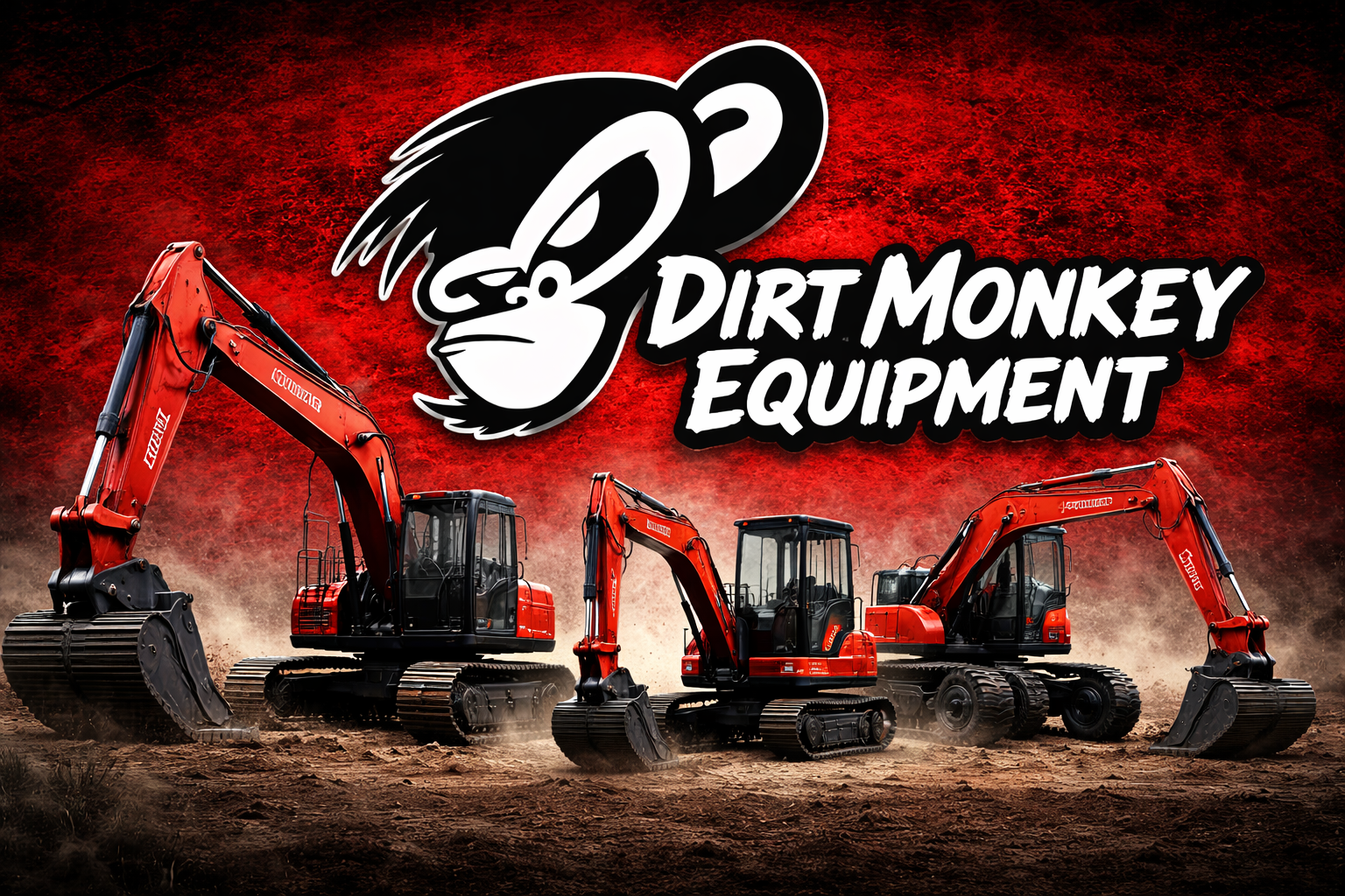 Three red excavators on dirt with a red and black logo of a monkey and the text 'Dirt Monkey Equipment' in bold black and white lettering above.