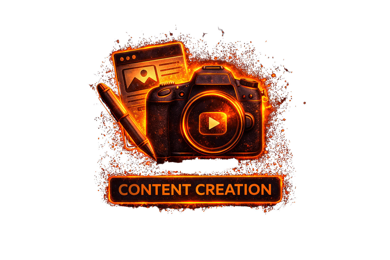 A glowing digital illustration of a camera, a pen, and a webpage with a photo, with the text 'Content Creation' below.