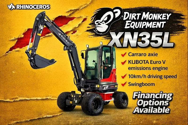 Advertisement for the Dirt Monkey Equipment XN35L mini excavator, featuring an image of the excavator with a yellow and red background. Highlights include hydraulic carraxo, Kubota Euro V emissions engine, 10 km/h speed, swing boom, and financing opt