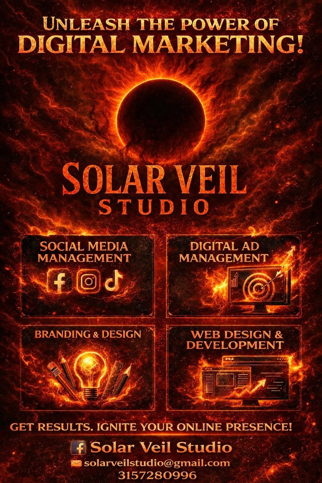 Advertisement for Solar Veil Studio with dark fiery background, a solar eclipse, and bold orange text promoting digital marketing services including social media management, digital ad management, branding and design, and web development.