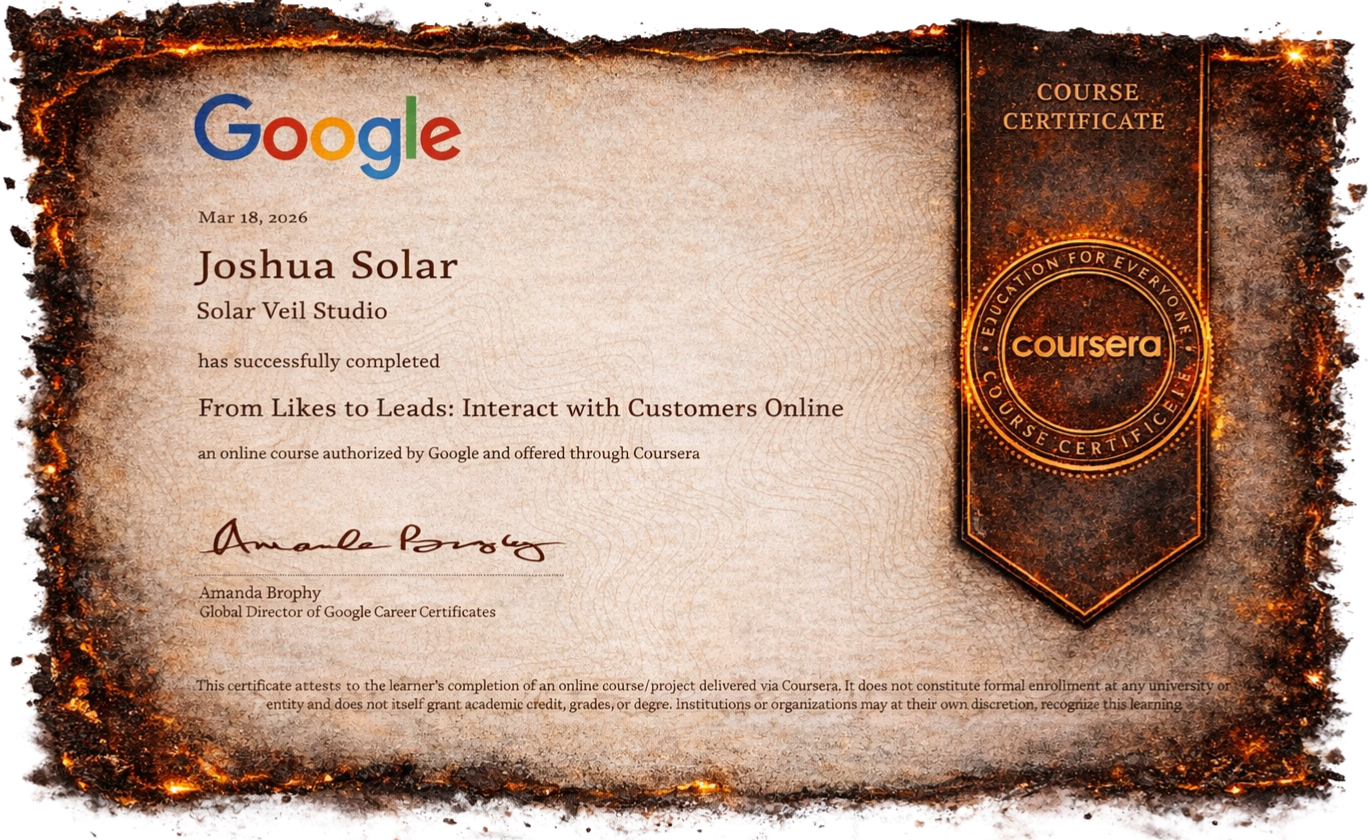 A digital certificate of completion from Coursera awarded to Joshua Solar for completing the online course "From Likes to Leads: Interact with Customers Online," authorized by Google and signed by Amanda Brophy, Global Director of Google Career Certificates.