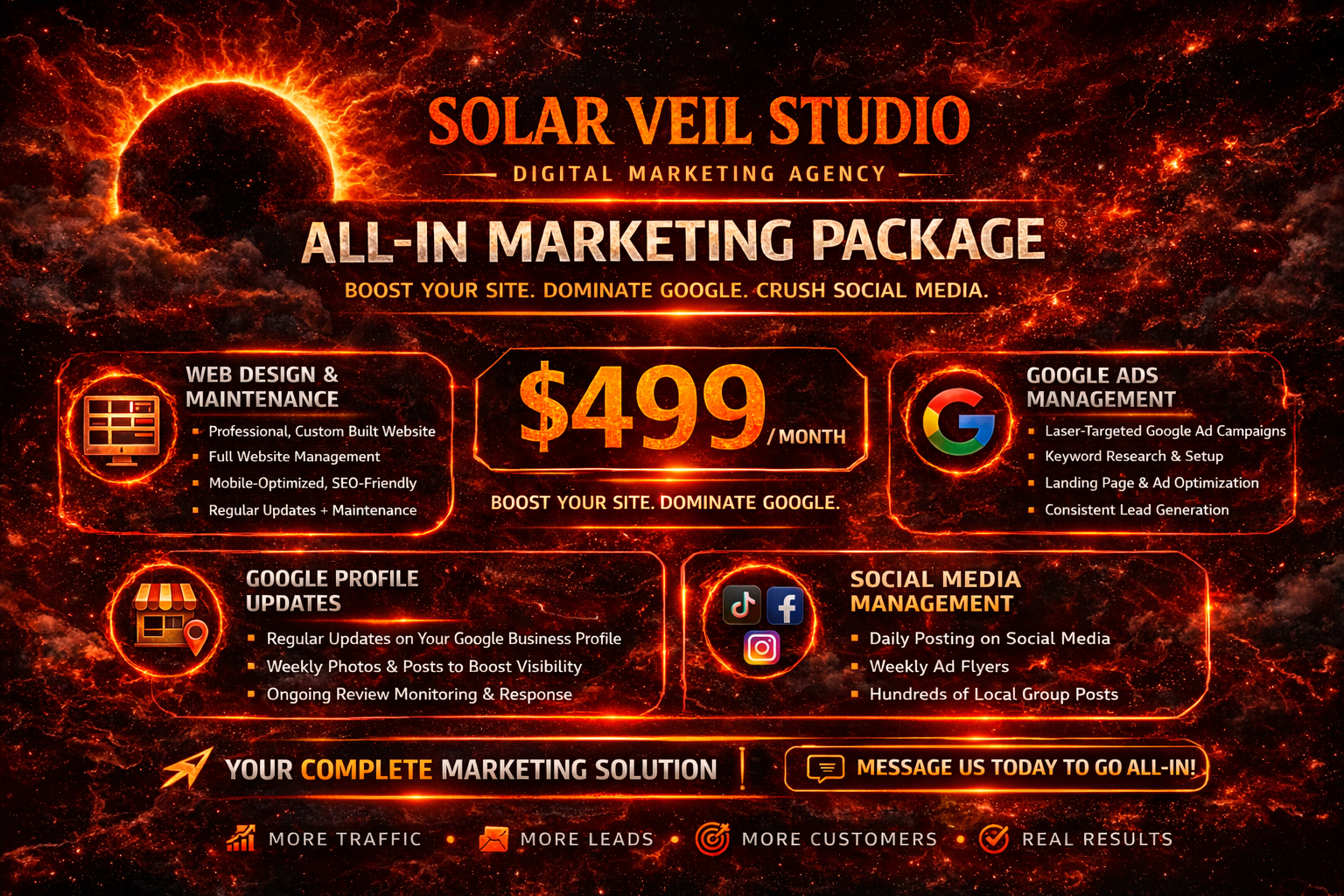 A promotional graphic for Solar Veil Studio advertising their all-in marketing package for $499 per month. The background is fiery with an eclipse in the top left corner. Features include web design and maintenance, Google Ads management, Google prof