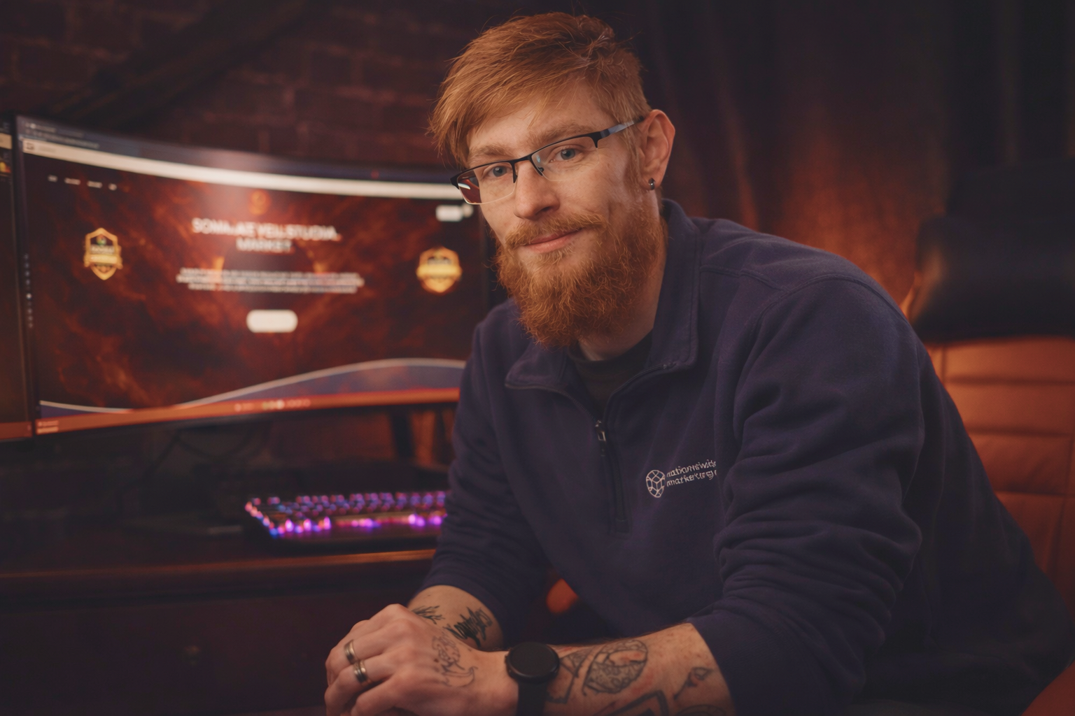 A man with glasses and a beard sitting at a desk with a computer monitor, smiling at the camera, in a dimly lit room.