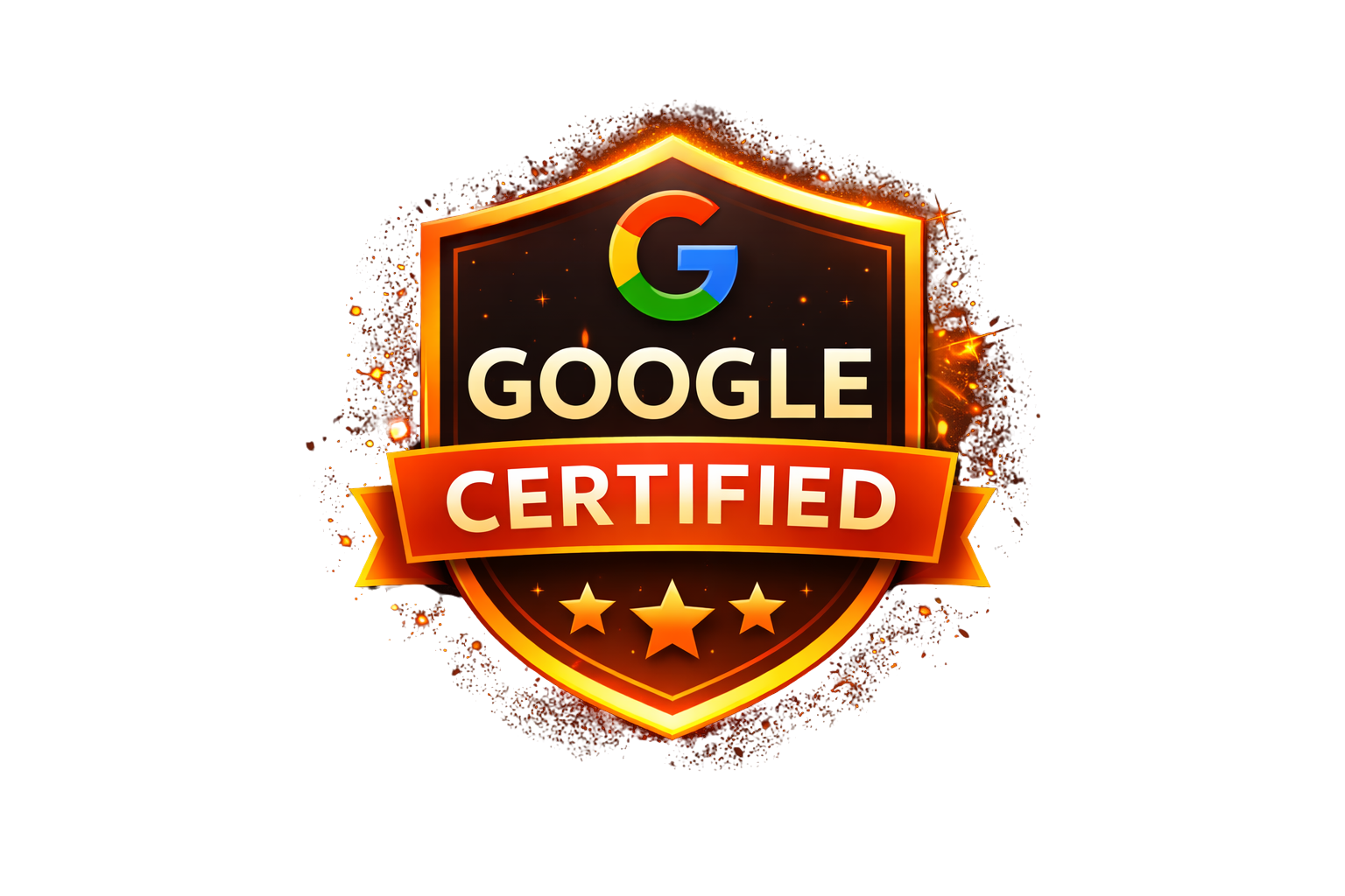Google Certified badge with a shield design, glowing and surrounded by spark effects, featuring the Google logo and the text 'Certified'.