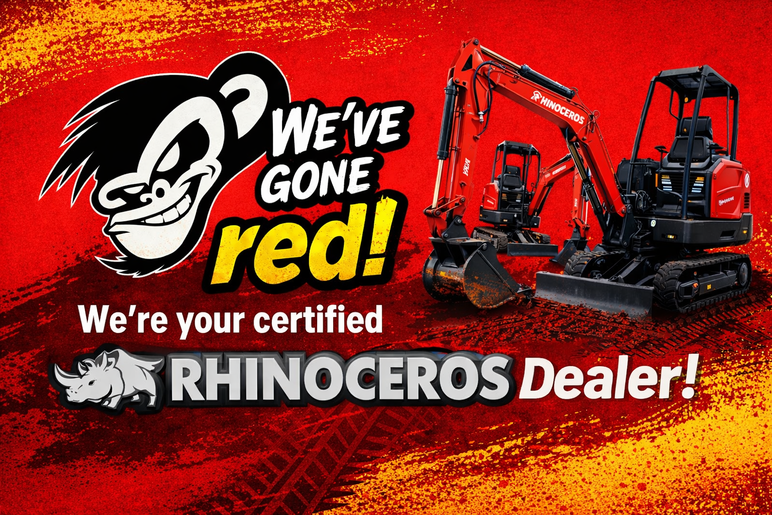 Red background with bold text and graphics promoting a certified Rhinceros dealer, featuring an image of red construction equipment, a cartoon rhinoceros, and a hammer logo.