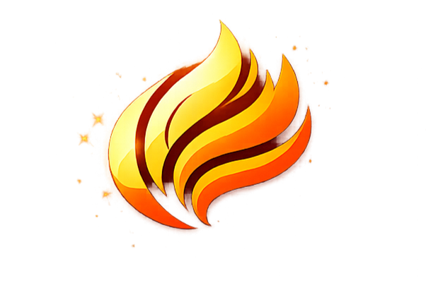 A stylized flame with yellow, orange, and brown colors.