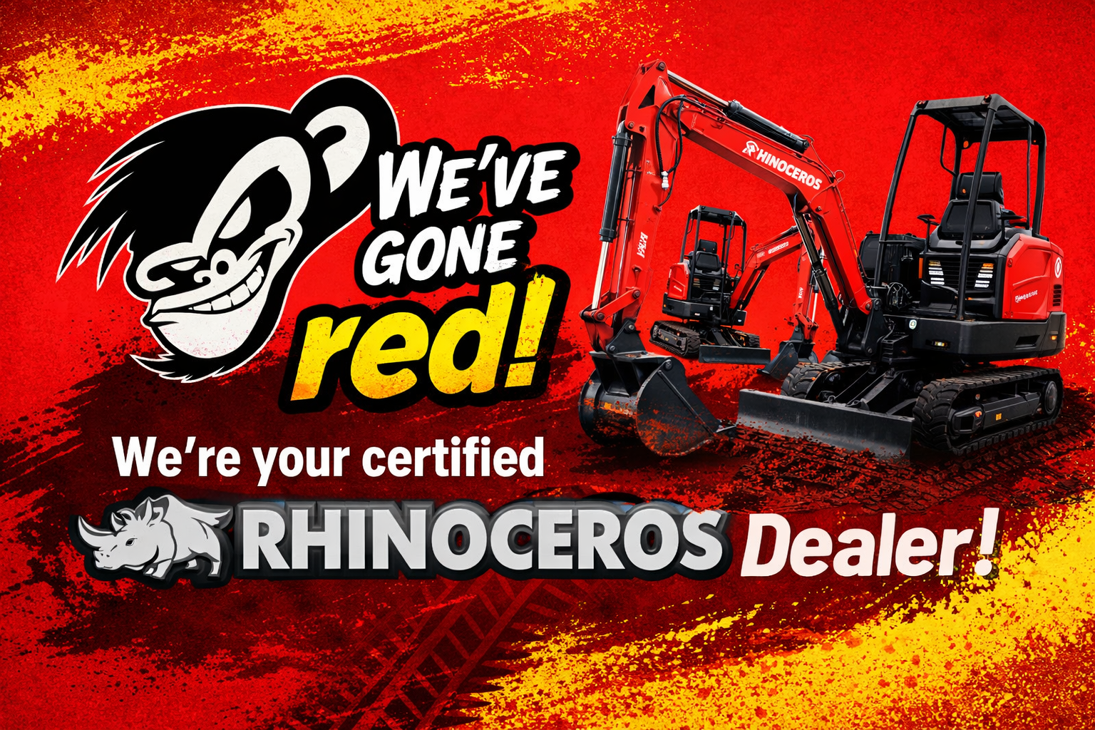 Advertisement for Rhino Ecos, featuring a red excavator, a cartoon character with glasses, and a rhinoceros logo, with text promoting certification as a Rhino Ecos dealer.