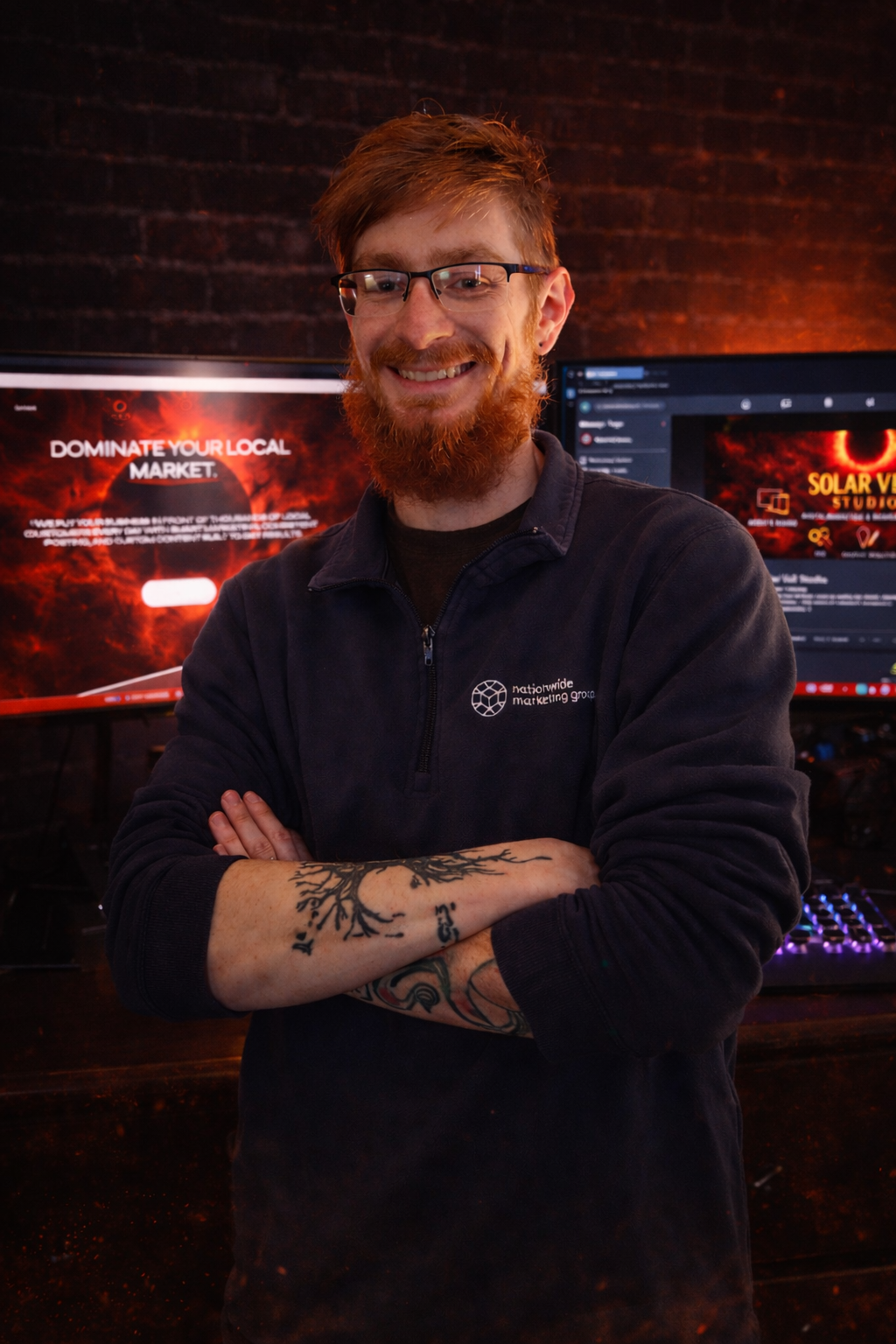 A smiling man with glasses and a red beard posing with arms crossed in front of computer screens. He is wearing a black jacket with a logo that reads 'nationwide marketing group'.