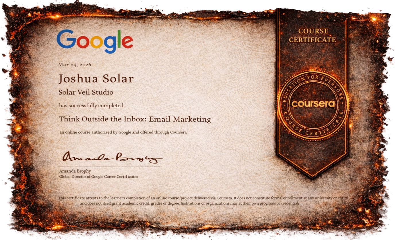 A printed course certificate from Google and Coursera awarded to Joshua Solar for completing the 'Think Outside the Inbox: Email Marketing' online course, signed by Amanda Brophy, with a decorative background and Coursera emblem.