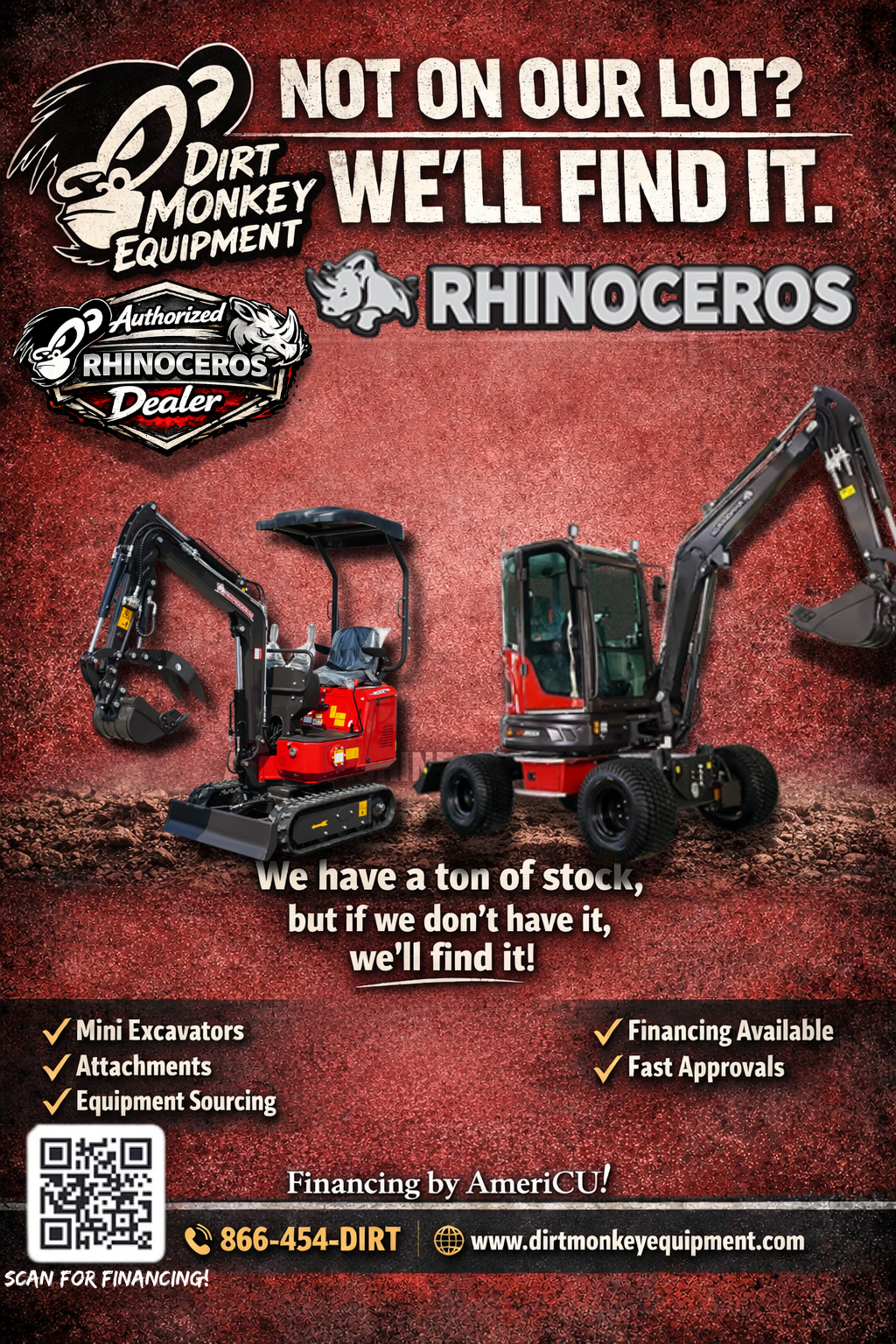 Advertisement for Dirt Monkey Equipment featuring mini excavators. The ad highlights that they have a large stock of equipment, including mini excavators, attachments, and equipment sourcing, and offers financing with fast approvals. Contact informat