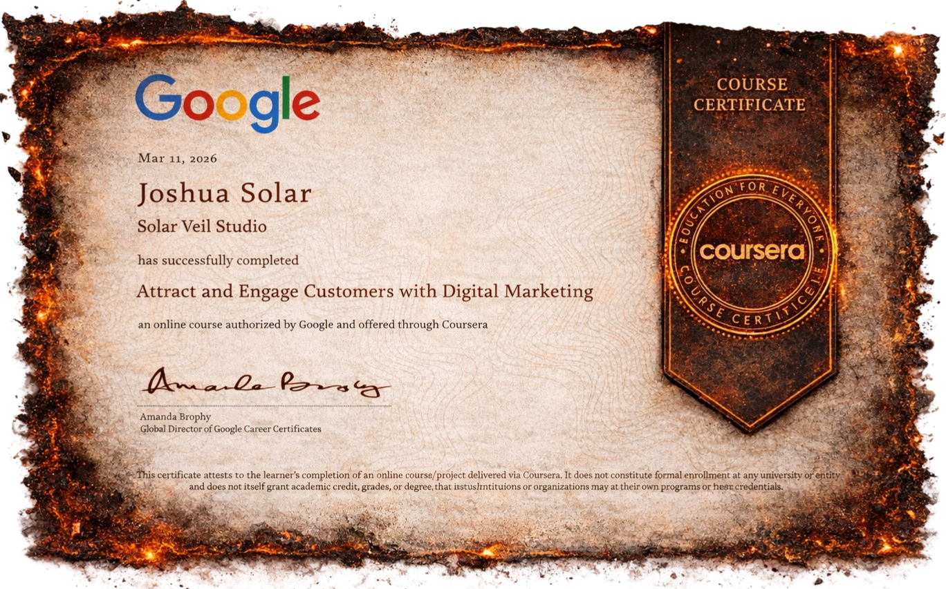 Certificate of completion from Coursera awarded to Joshua Solar for completing a digital marketing course. The certificate features a burnt paper design with the Google logo and Coursera badge.