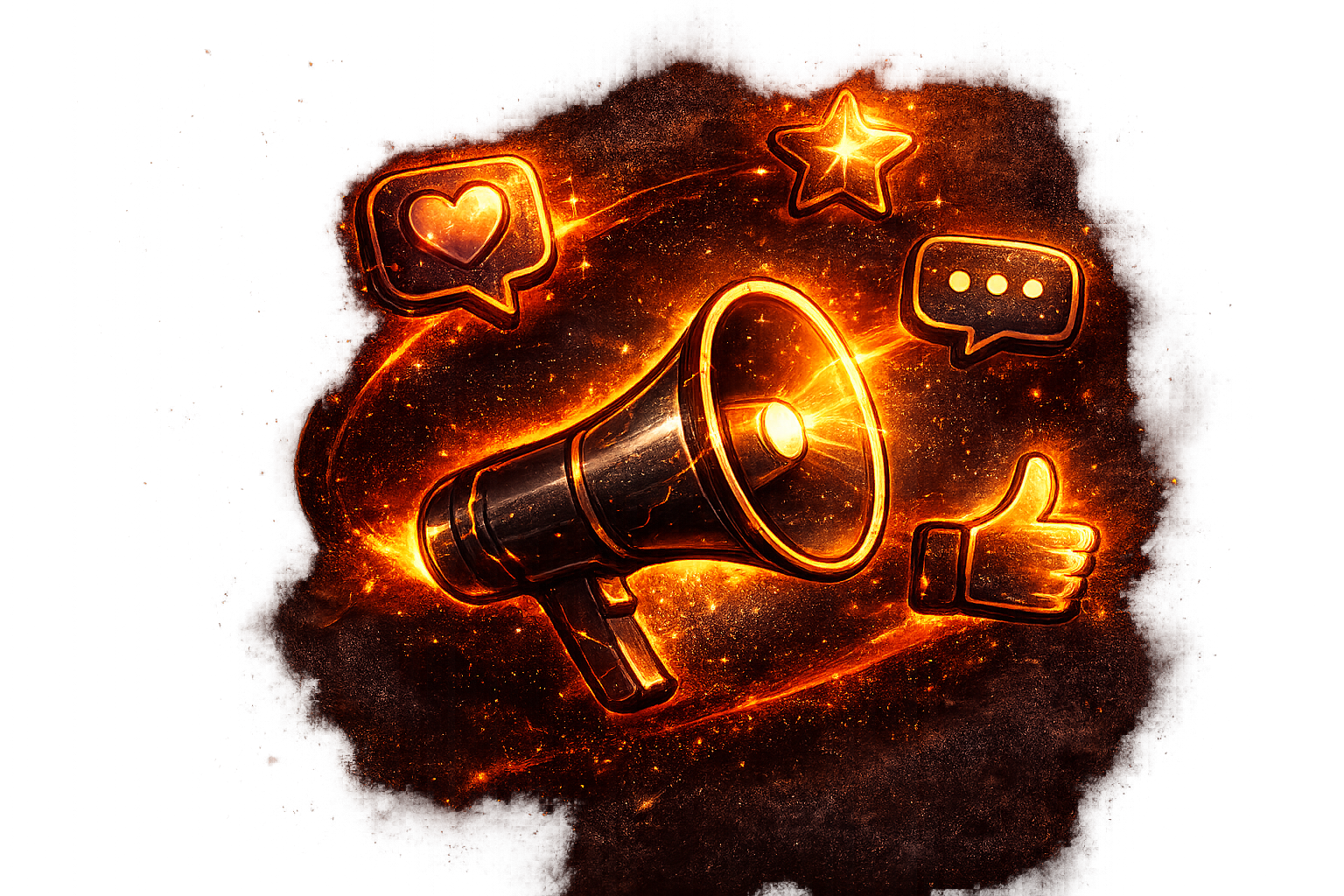 A glowing digital illustration of a megaphone surrounded by social media icons including a heart, star, speech bubbles, and a thumbs-up, all emitting a fiery, energetic glow.
