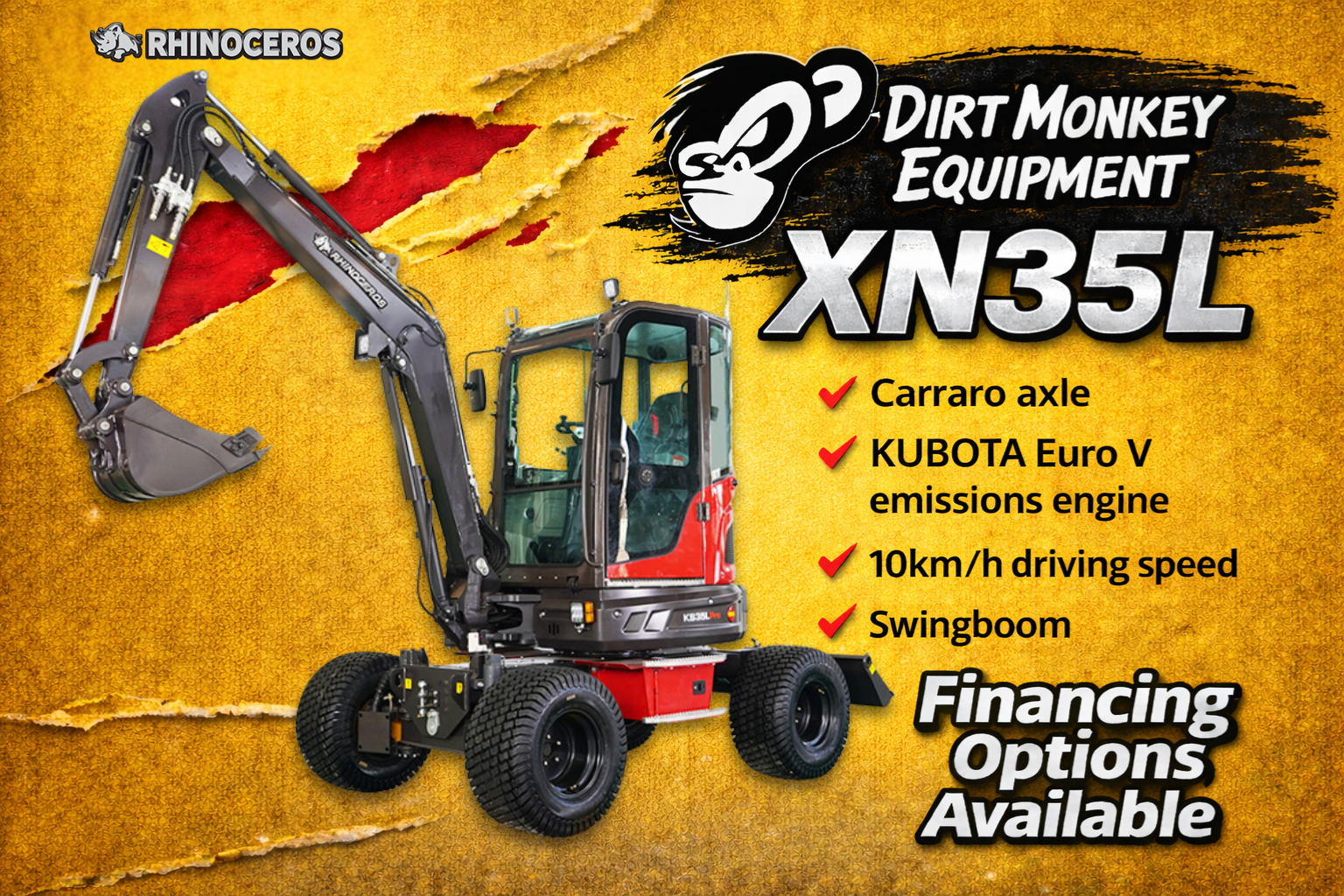 Advertisement for a Rhinocheros dirt monkey equipment XN35L mini excavator with features listed, showing a red and black compact excavator against a textured yellow background.