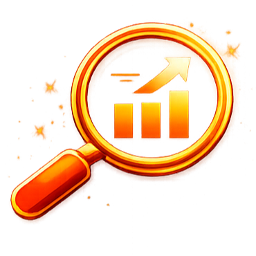 Magnifying glass focused on a rising bar chart with an upward arrow, symbolizing growth or progress.