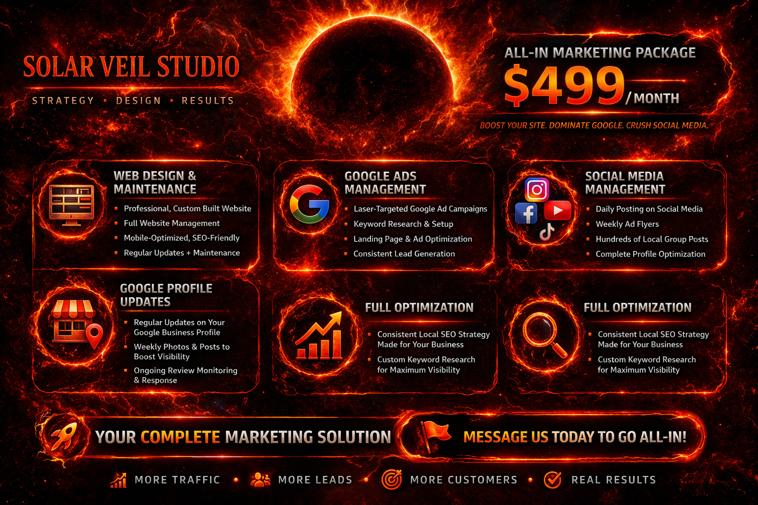 A fiery black and red graphic representing Solar Veil Studio's marketing service offerings, including web design, Google Ads, social media management, Google profile updates, and SEO optimization, with pricing at $499 per month.